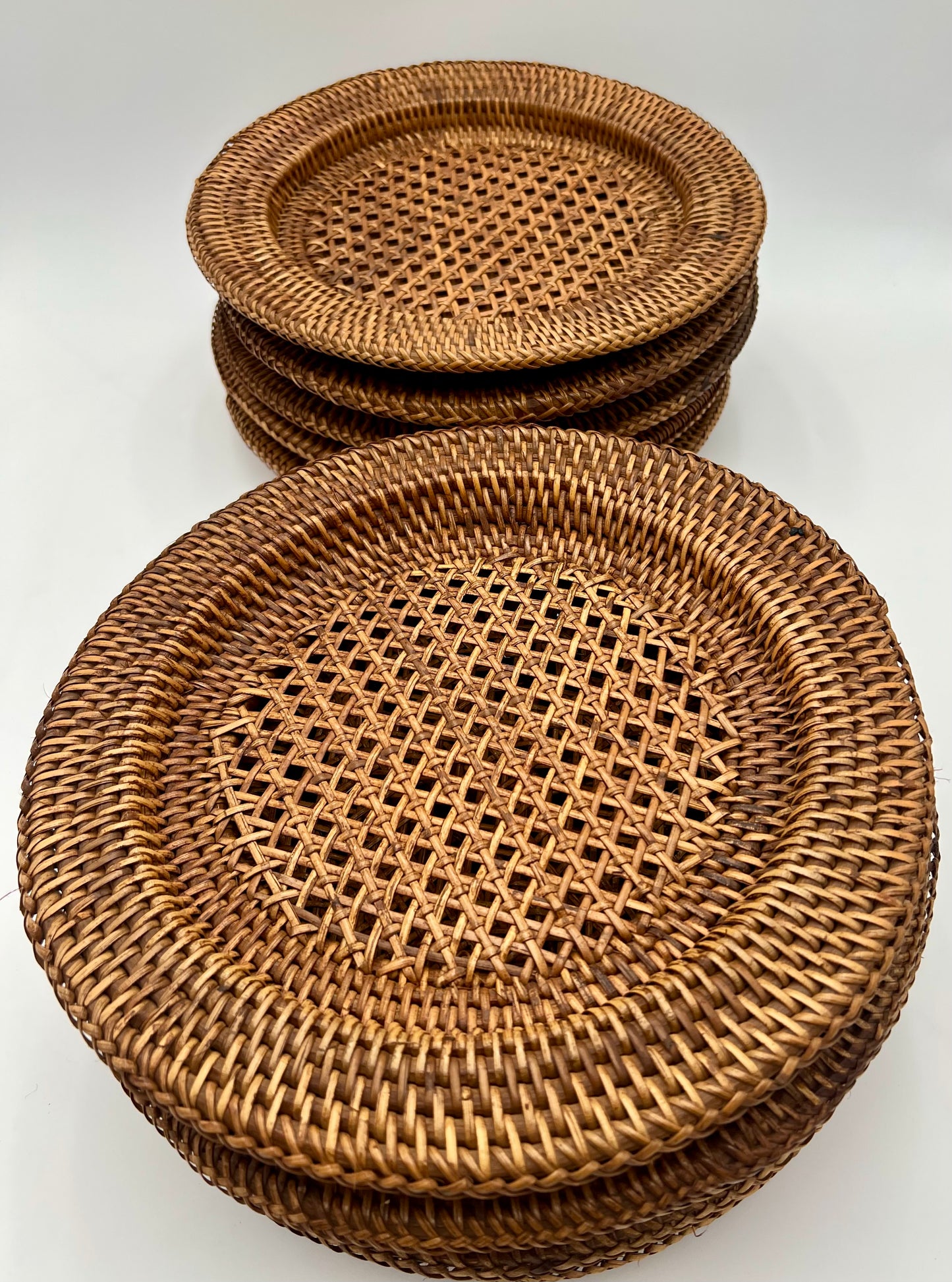 SET OF 10 BOHO RATTAN WICKER VINTAGE CHARGERS
