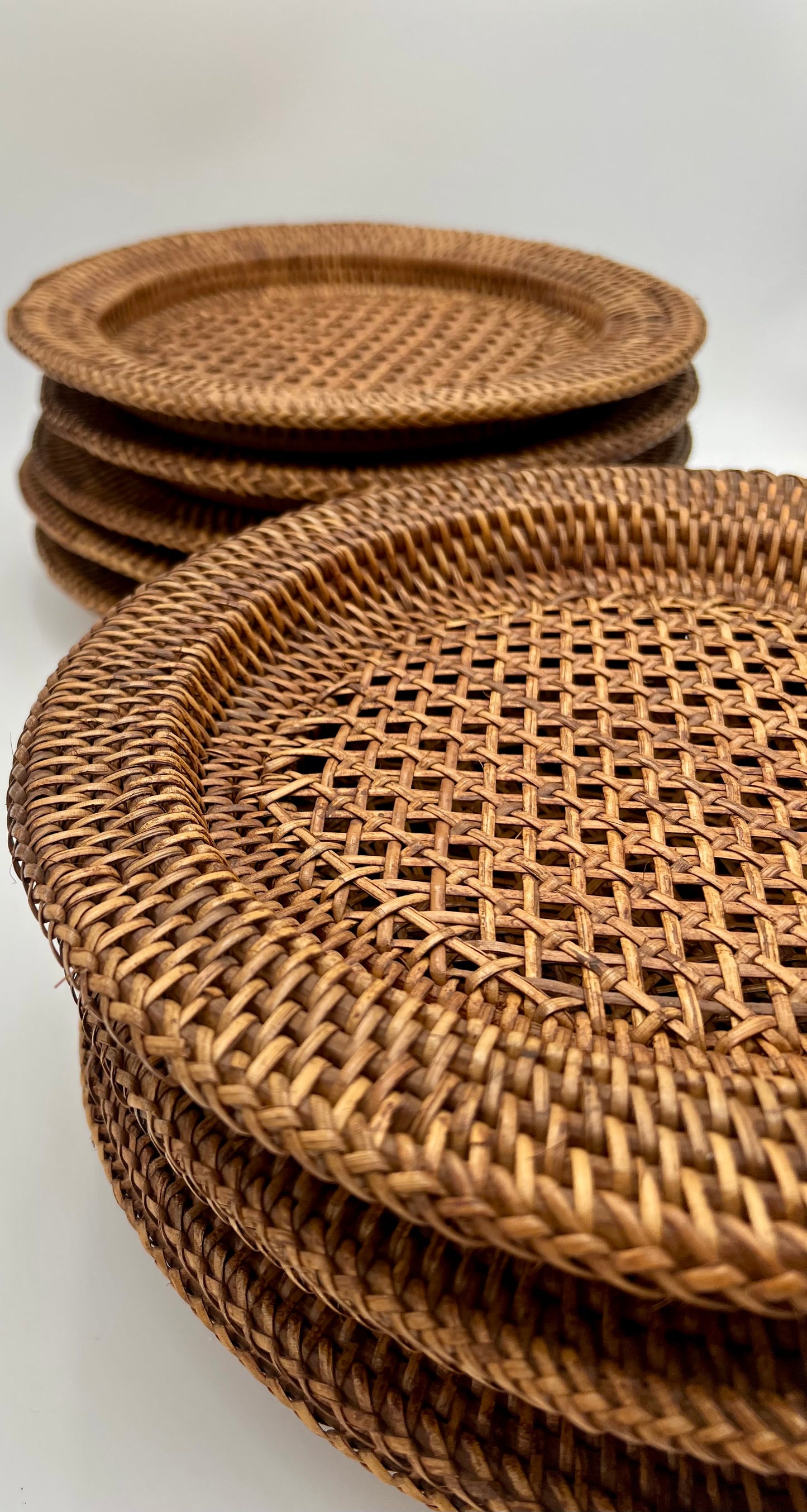 SET OF 10 BOHO RATTAN WICKER VINTAGE CHARGERS