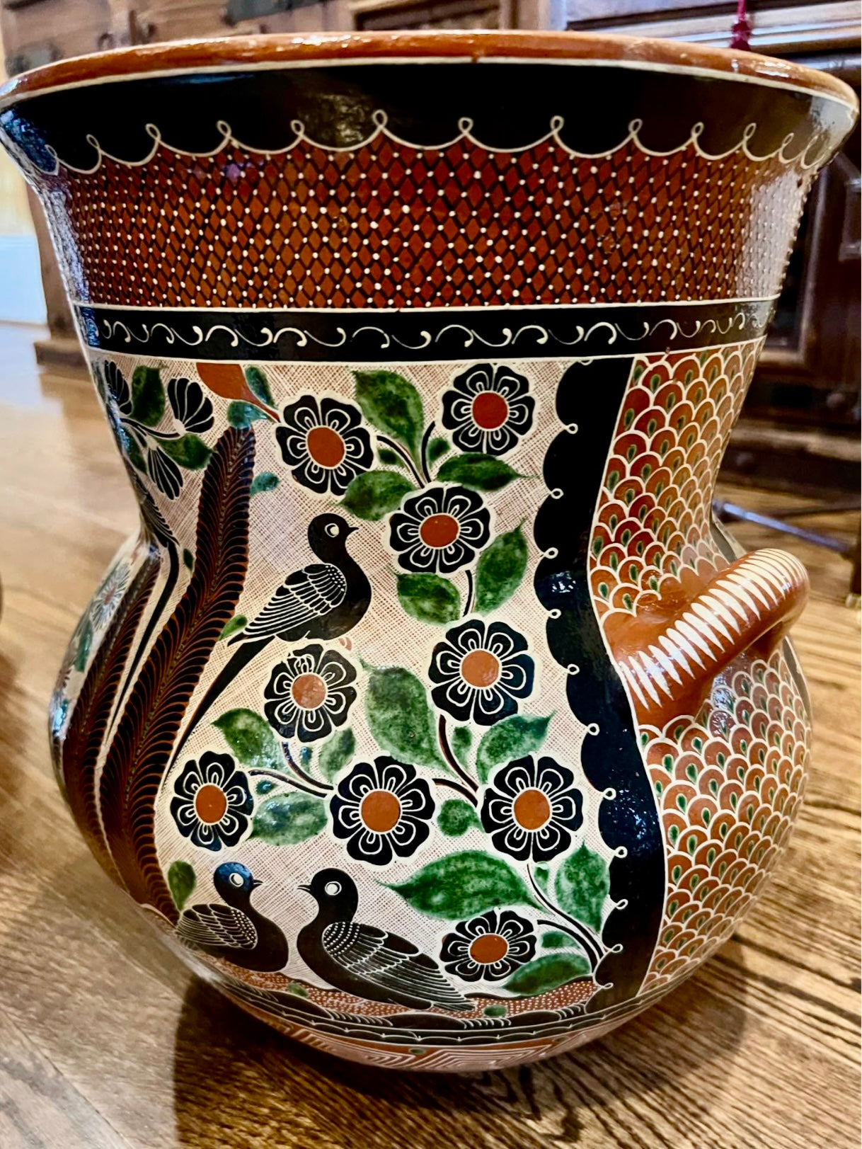 "Petatillo" Birds, Gazelles, & Floral Design Urn Signed by Renowned Master Potter, Geronimo Ramos