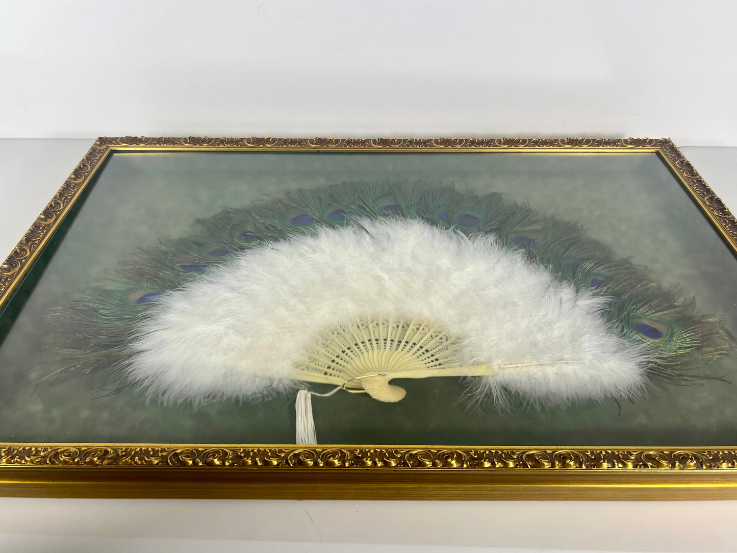 FRAMED VINATGE PEACOCK FEATHER FAN