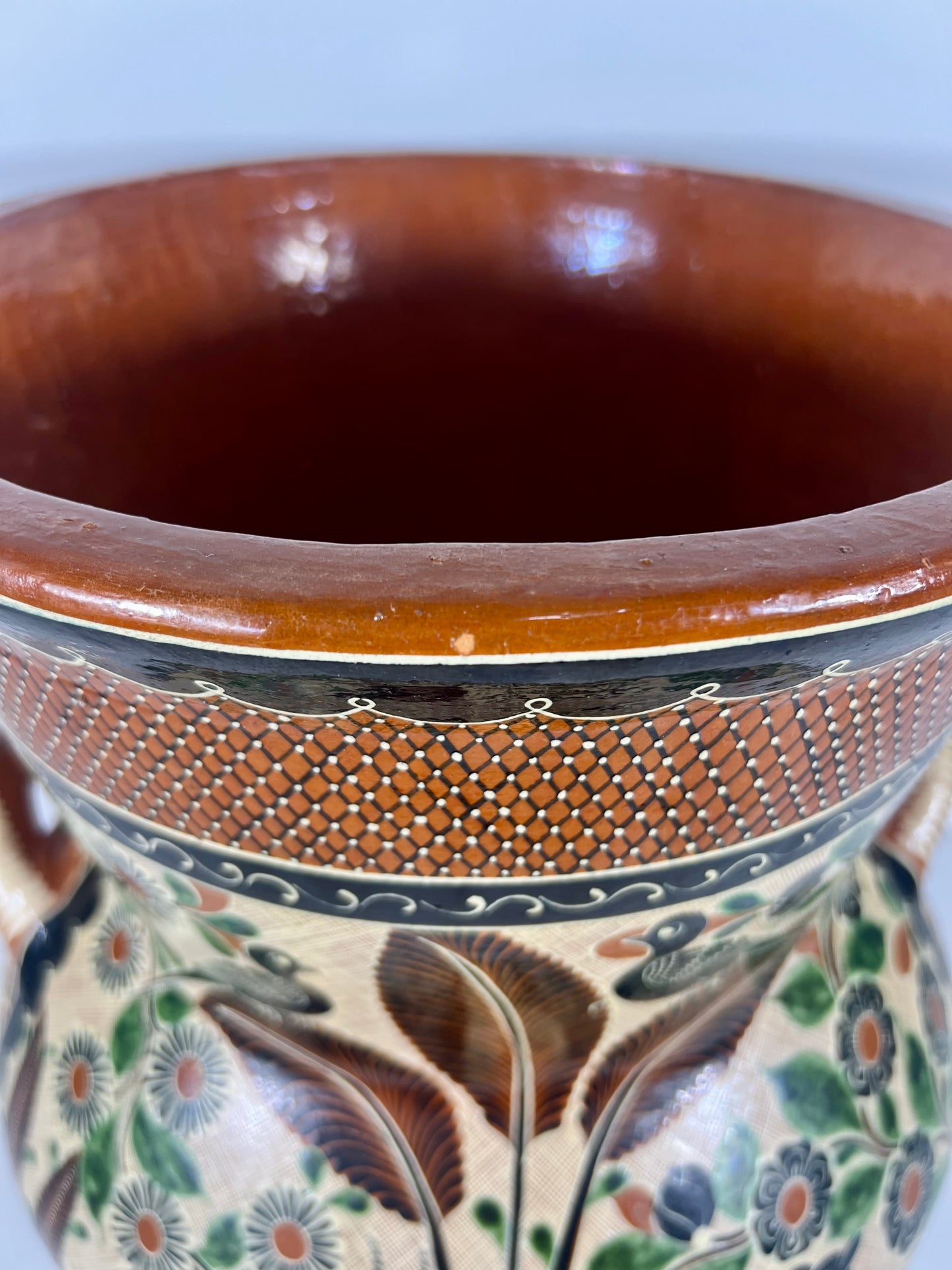 "Petatillo" Birds, Gazelles, & Floral Design Urn Signed by Renowned Master Potter, Geronimo Ramos