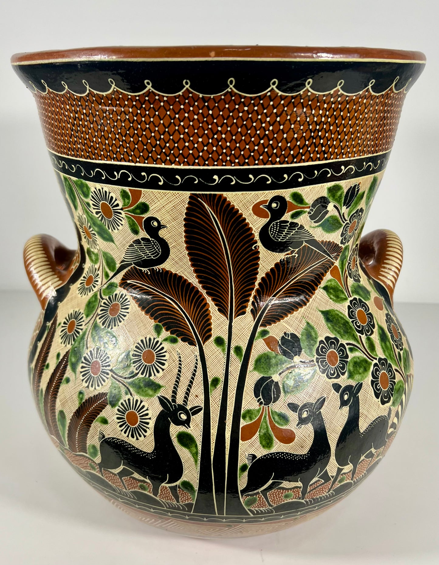 "Petatillo" Birds, Gazelles, & Floral Design Urn Signed by Renowned Master Potter, Geronimo Ramos