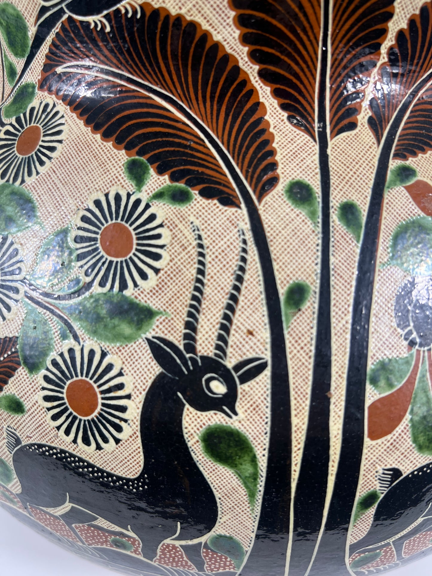 "Petatillo" Birds, Gazelles, & Floral Design Urn Signed by Renowned Master Potter, Geronimo Ramos