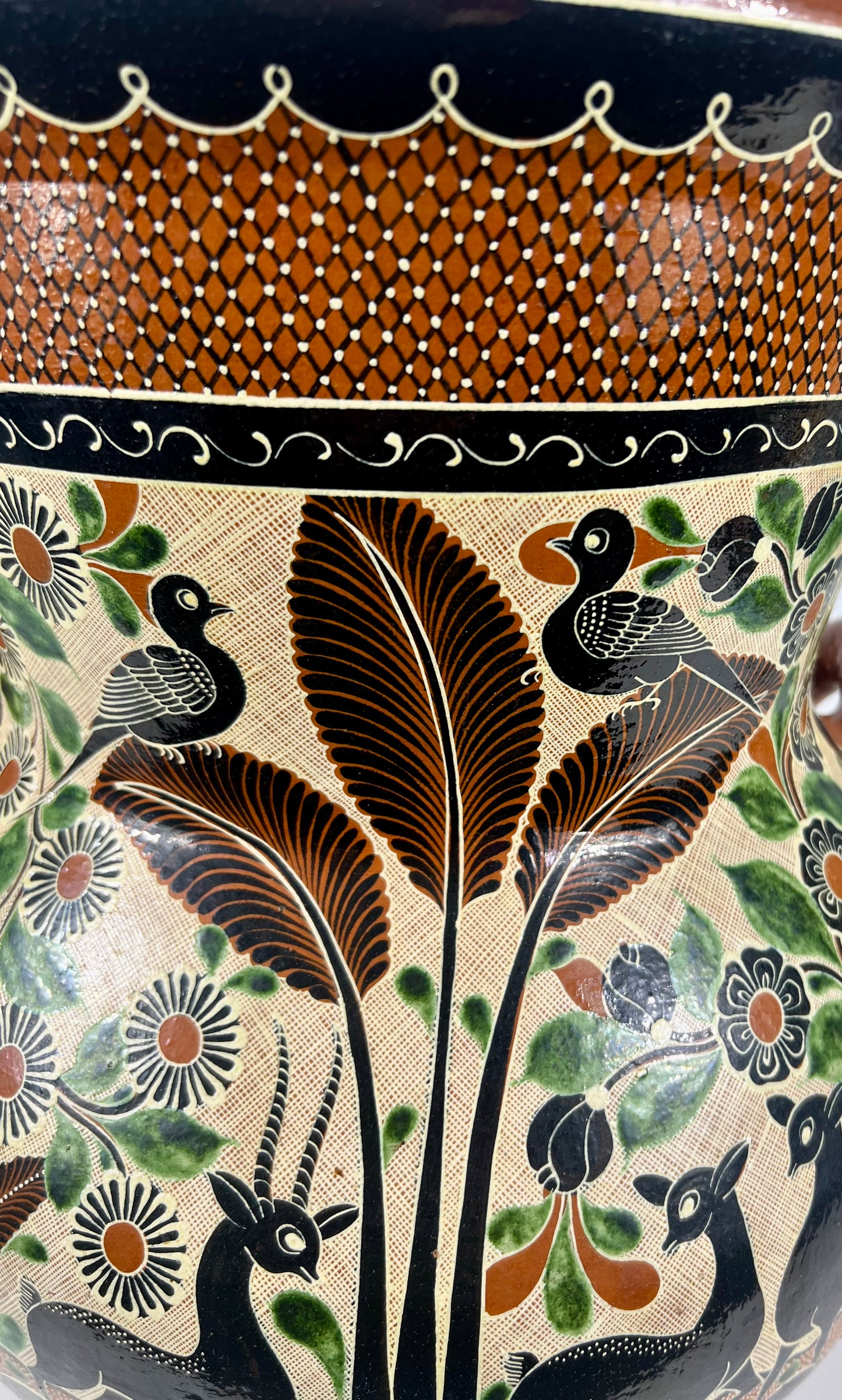 "Petatillo" Birds, Gazelles, & Floral Design Urn Signed by Renowned Master Potter, Geronimo Ramos