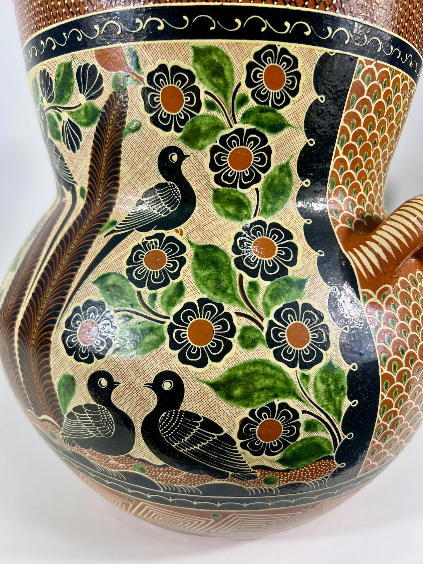 "Petatillo" Birds, Gazelles, & Floral Design Urn Signed by Renowned Master Potter, Geronimo Ramos