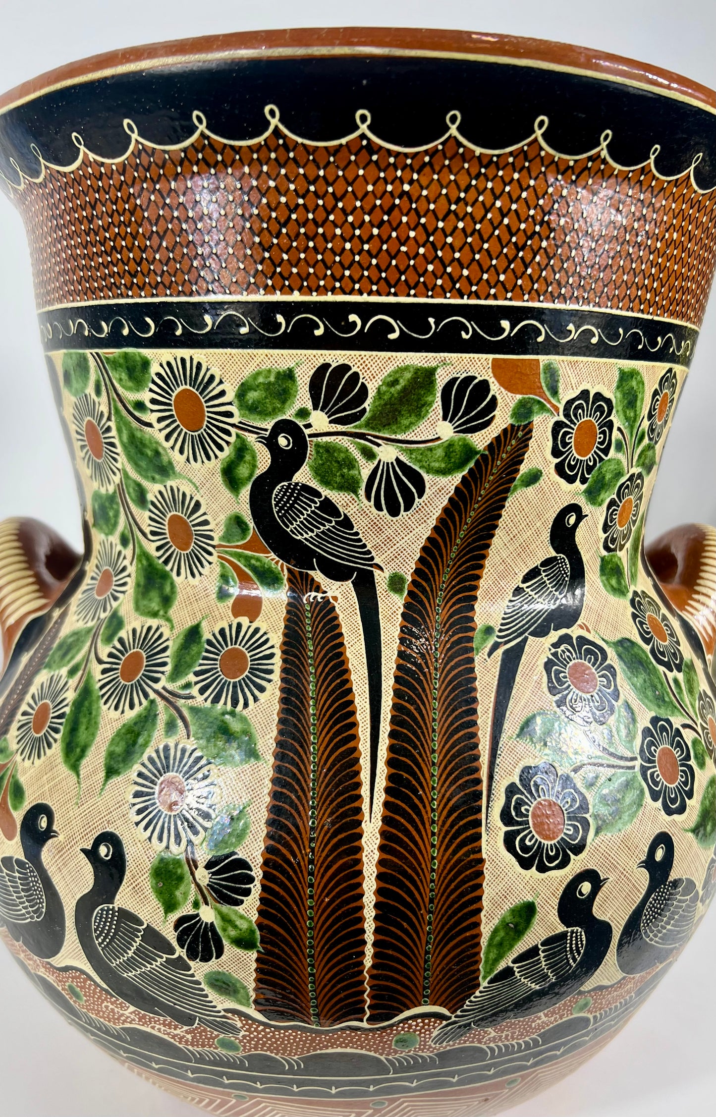 "Petatillo" Birds, Gazelles, & Floral Design Urn Signed by Renowned Master Potter, Geronimo Ramos