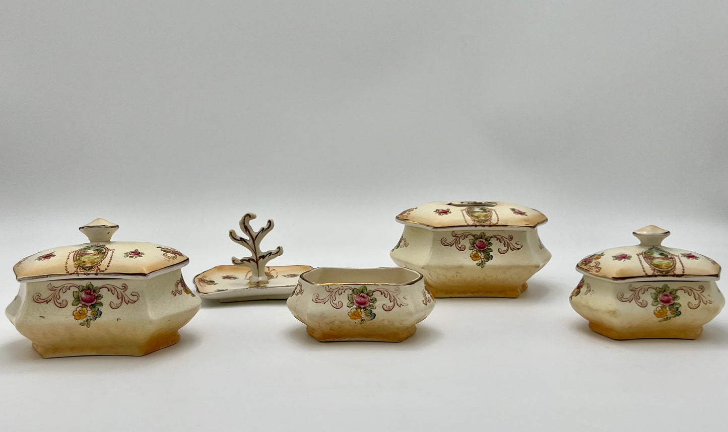 VERY RARE FORD & SONS LTD. CRANFORD WARE VANITY/DRESSER FULL SET, ENGLAND CIRCA 1910