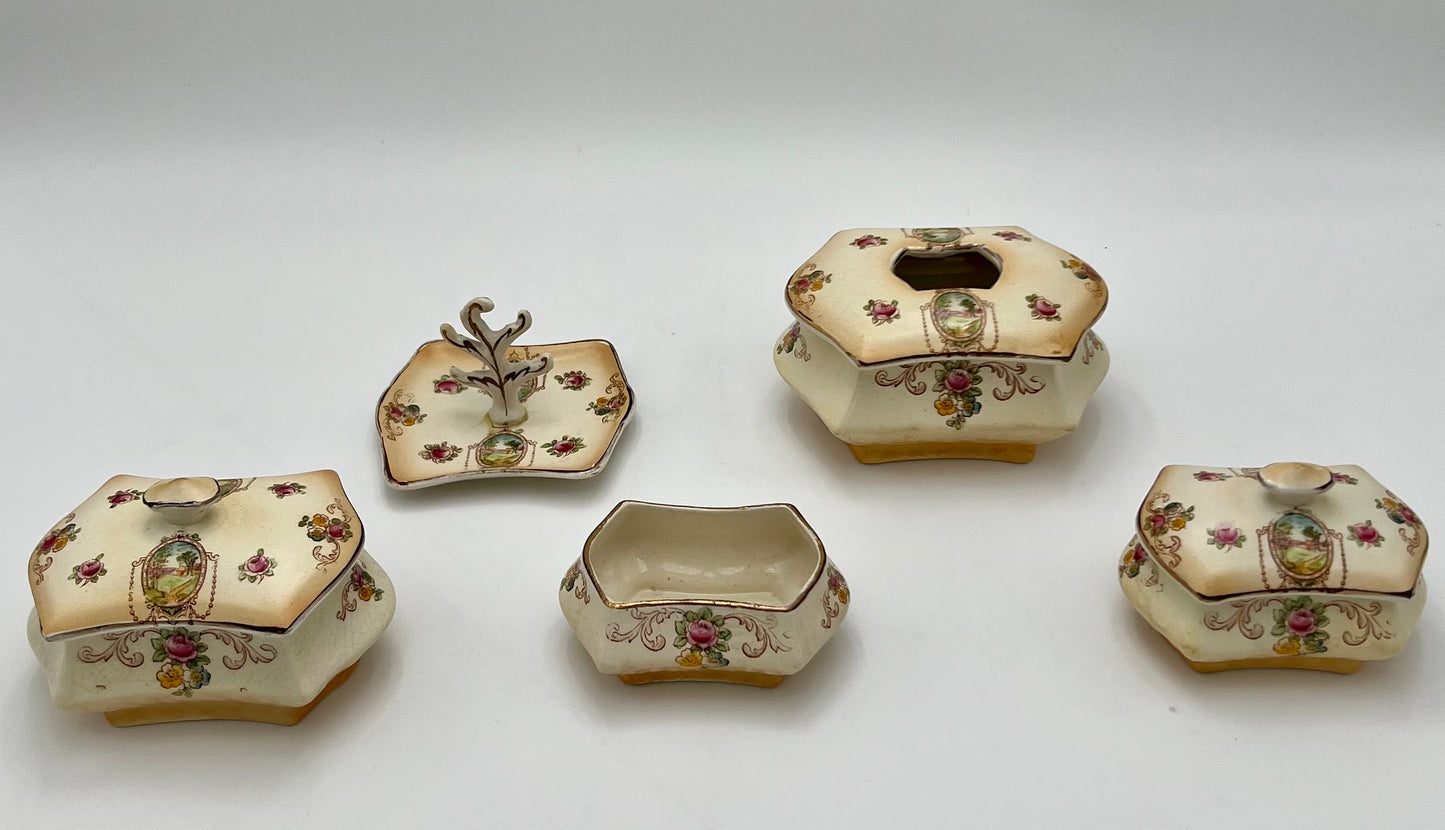 VERY RARE FORD & SONS LTD. CRANFORD WARE VANITY/DRESSER FULL SET, ENGLAND CIRCA 1910