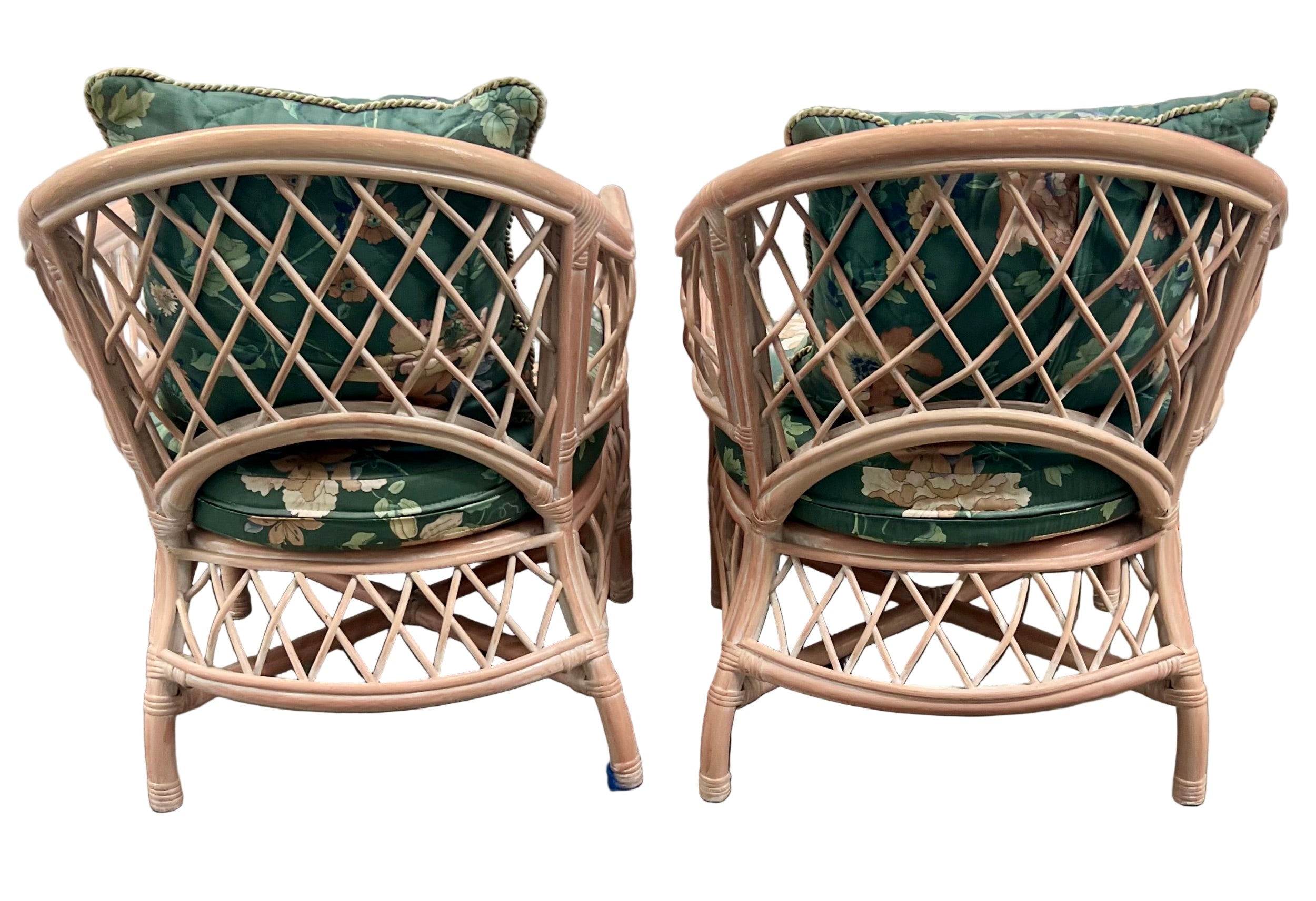 Pair of 1980s Henry Link Rattan Chairs – Vintage Coastal Cottage Seating with Floral Cushions