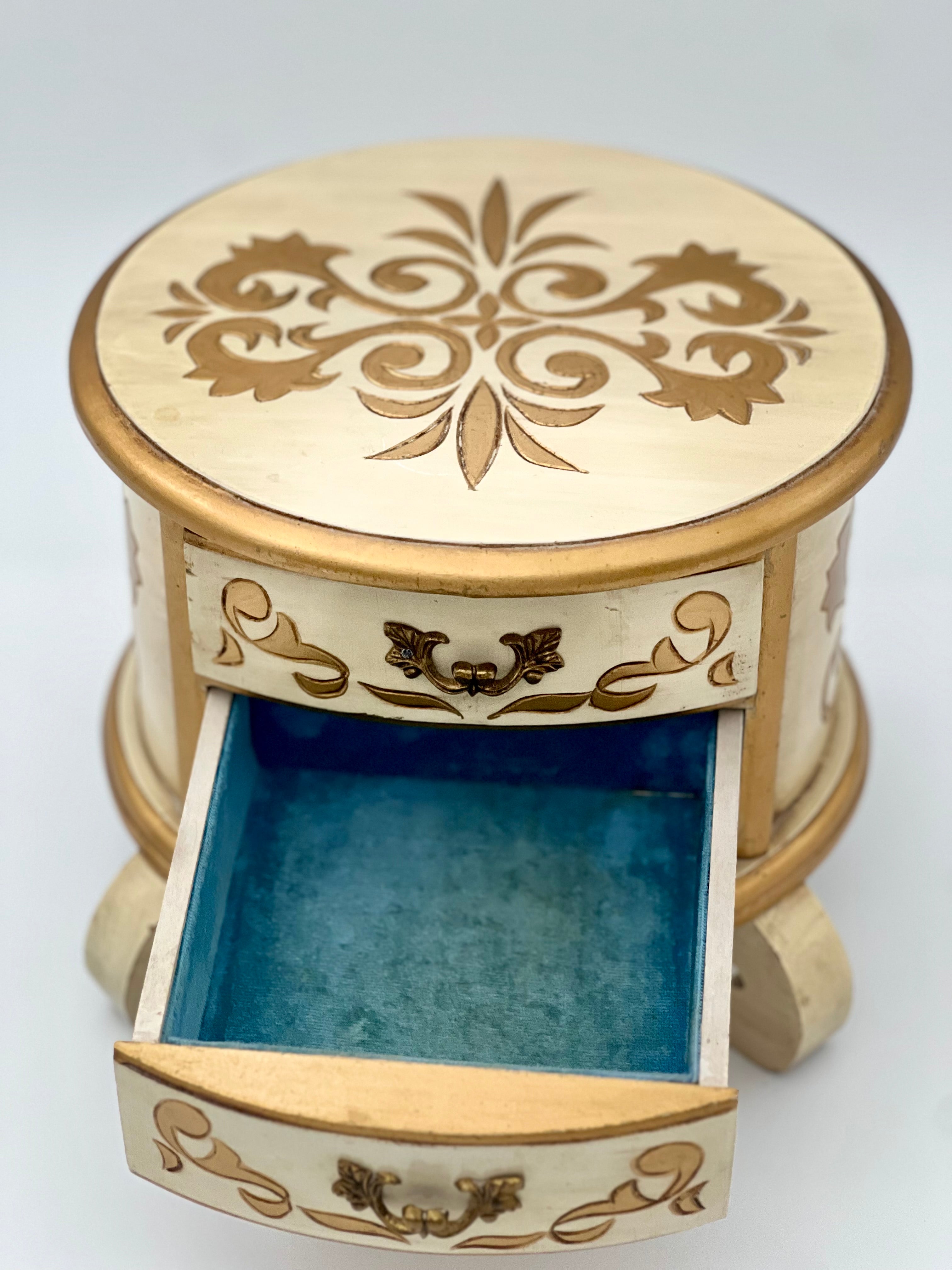 VINTAGE ITALIAN FLORENTINE GILT JEWELRY BOX – CREAM & GOLD WITH BLUE VELVET DRAWERS – 1950s FLORENCE, ITALY