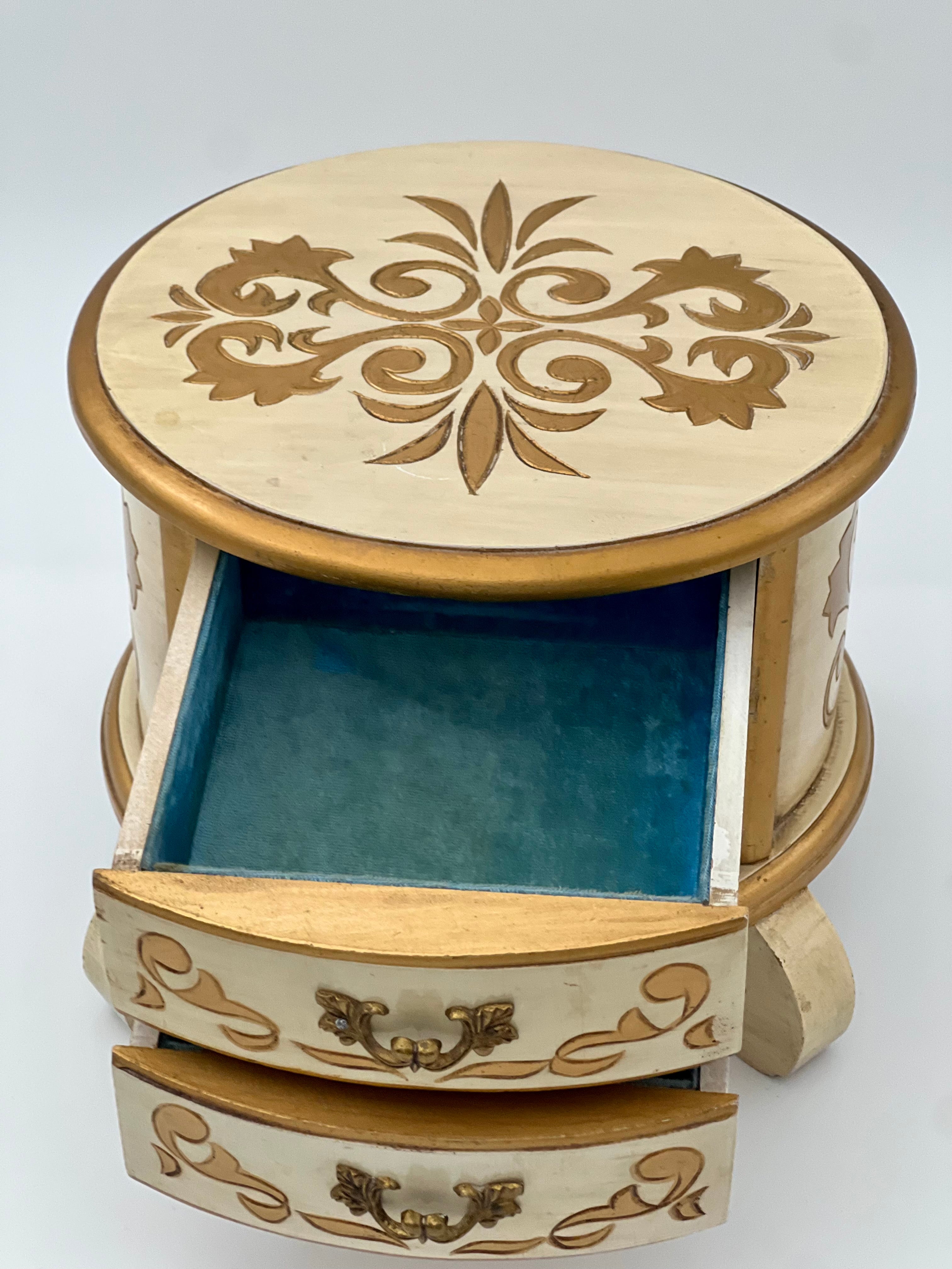 VINTAGE ITALIAN FLORENTINE GILT JEWELRY BOX – CREAM & GOLD WITH BLUE VELVET DRAWERS – 1950s FLORENCE, ITALY
