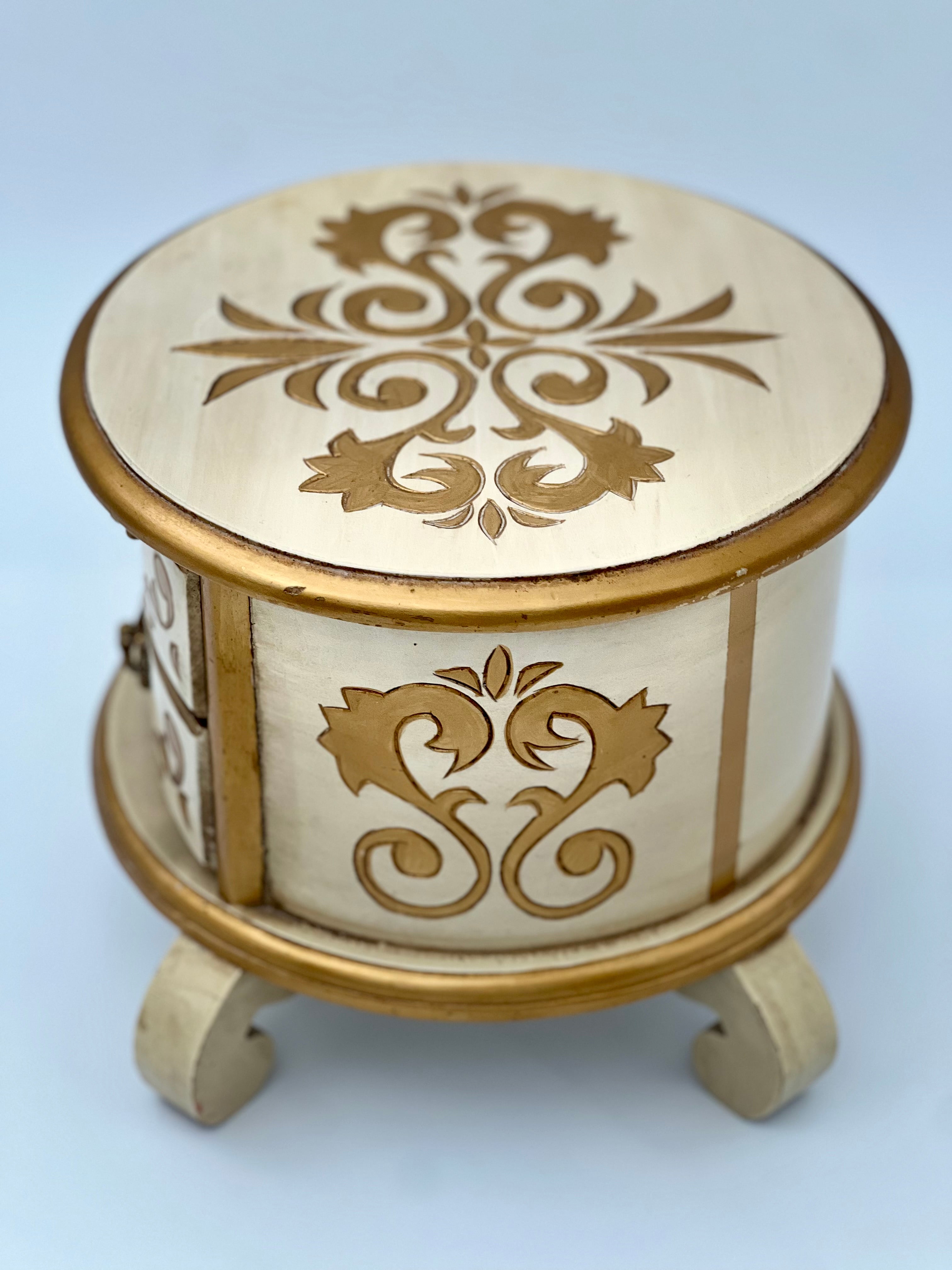 VINTAGE ITALIAN FLORENTINE GILT JEWELRY BOX – CREAM & GOLD WITH BLUE VELVET DRAWERS – 1950s FLORENCE, ITALY