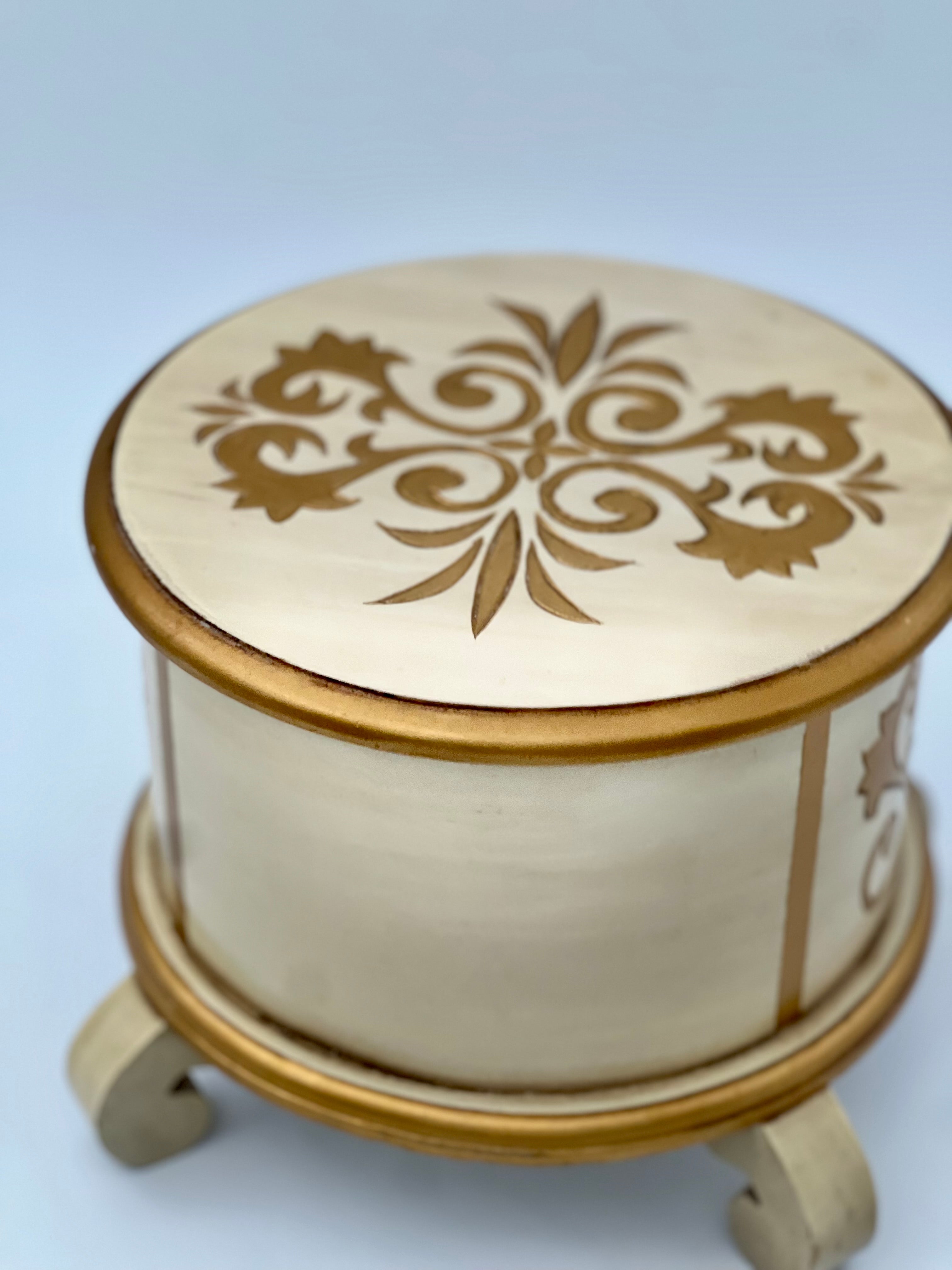 VINTAGE ITALIAN FLORENTINE GILT JEWELRY BOX – CREAM & GOLD WITH BLUE VELVET DRAWERS – 1950s FLORENCE, ITALY