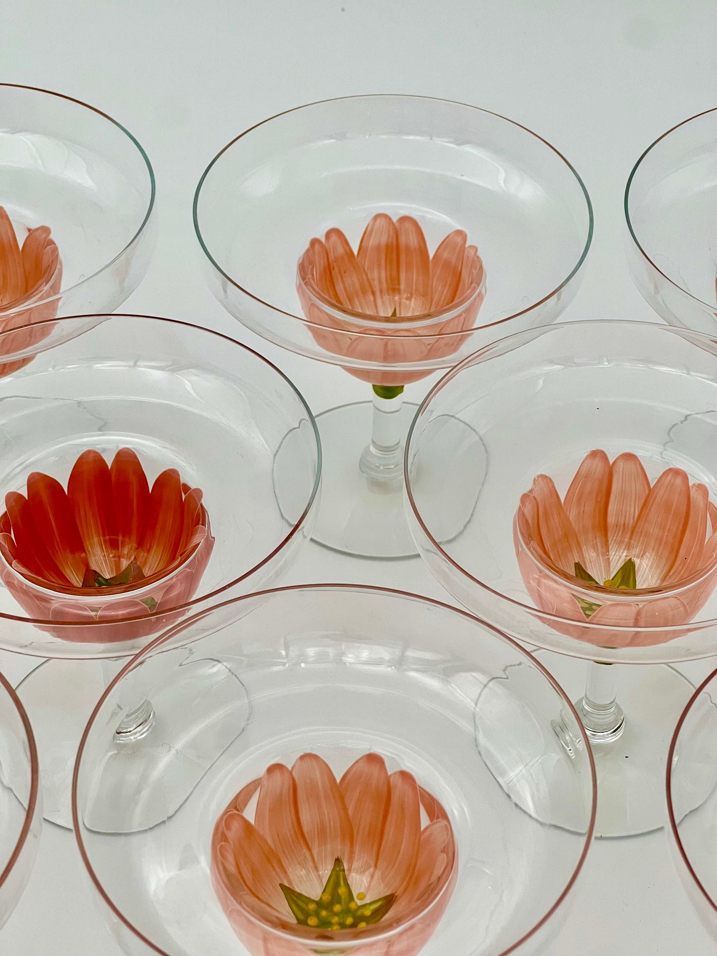 SET OF 10 VINTAGE HAND PAINTED PINK FLOWER MARGARITA GLASSES