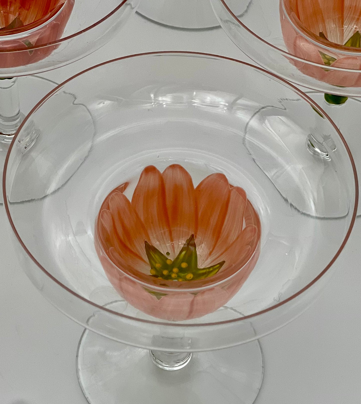 VINTAGE HAND-BLOWN PINK FLOWER COUPE GLASSES – SET OF 9