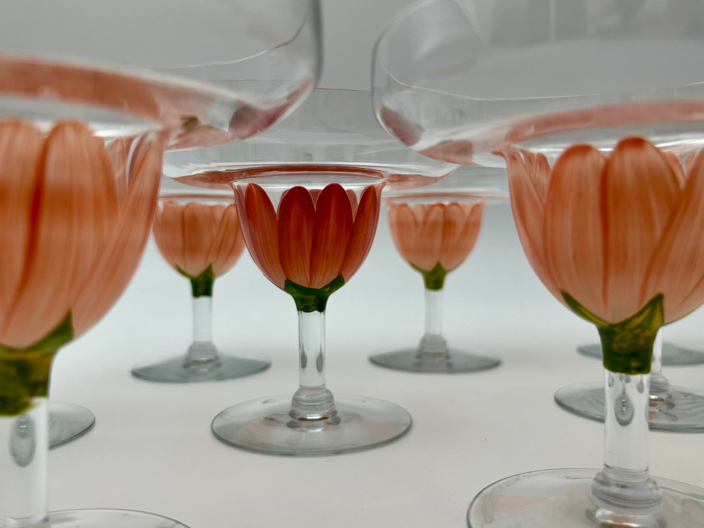 SET OF 10 VINTAGE HAND PAINTED PINK FLOWER MARGARITA GLASSES