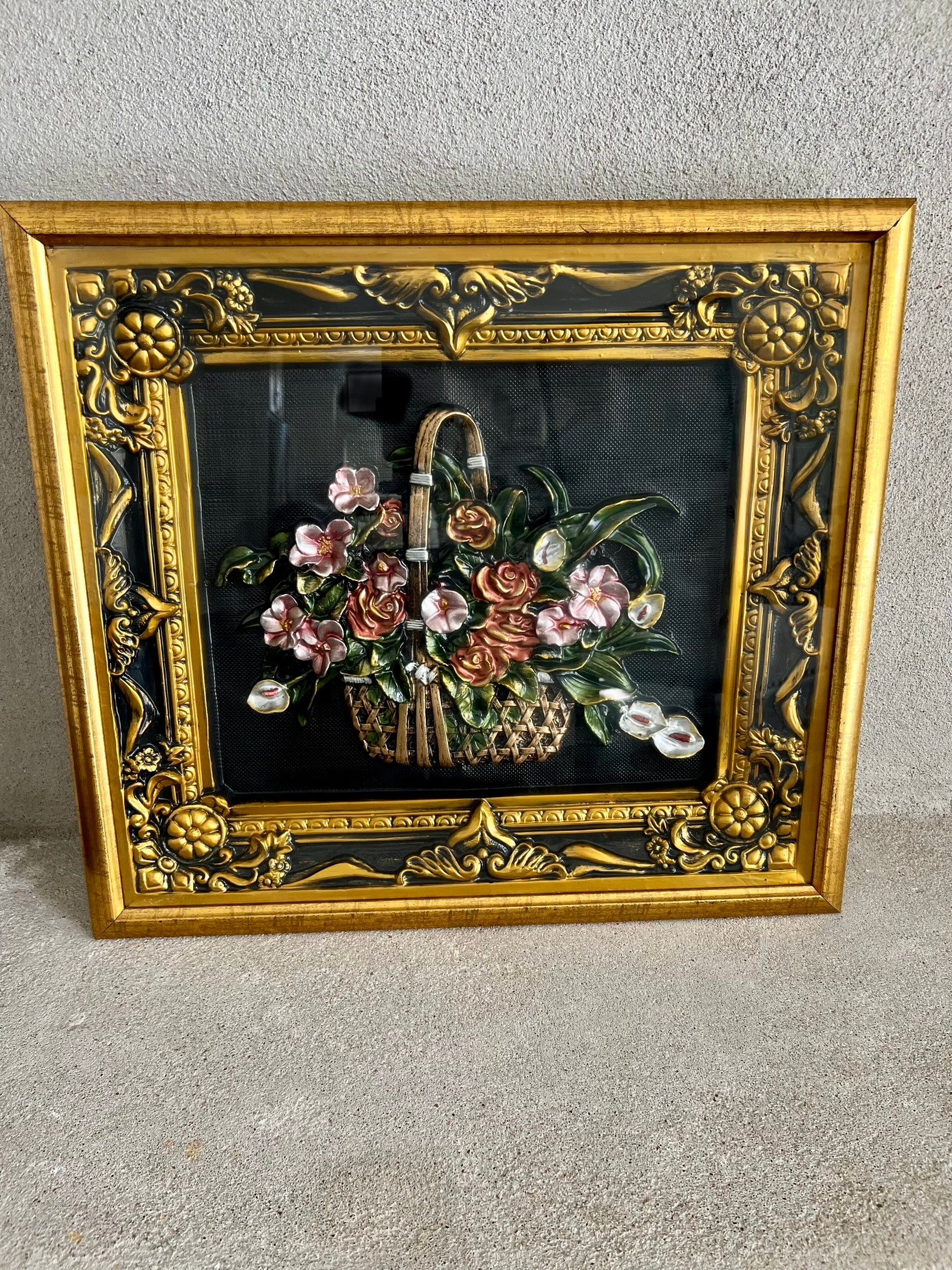 VINTAGE 1970s FLORAL BASKET 3D RELIEF WALL ART IN GOLD FRAME