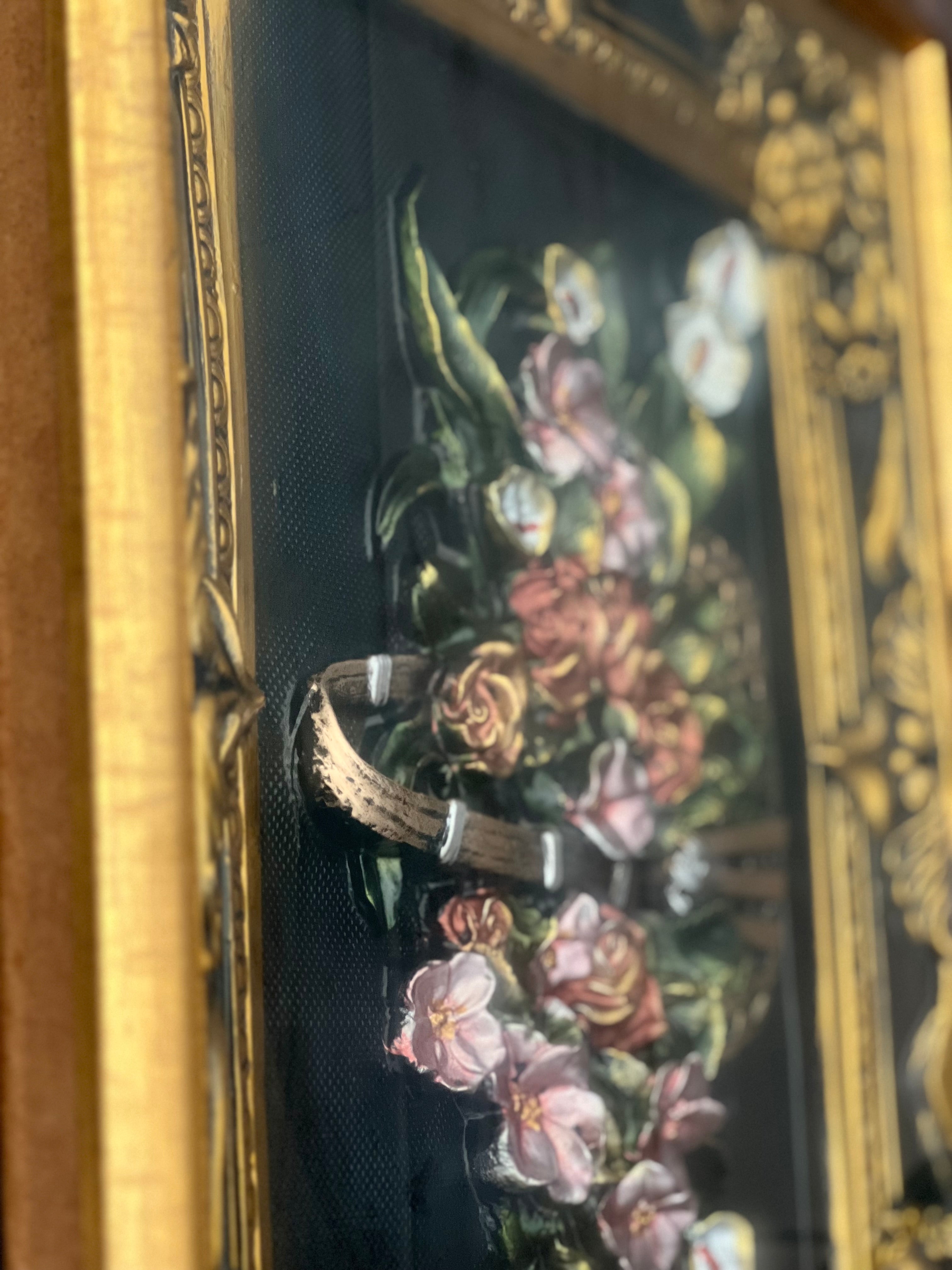 VINTAGE 1970s FLORAL BASKET 3D RELIEF WALL ART IN GOLD FRAME