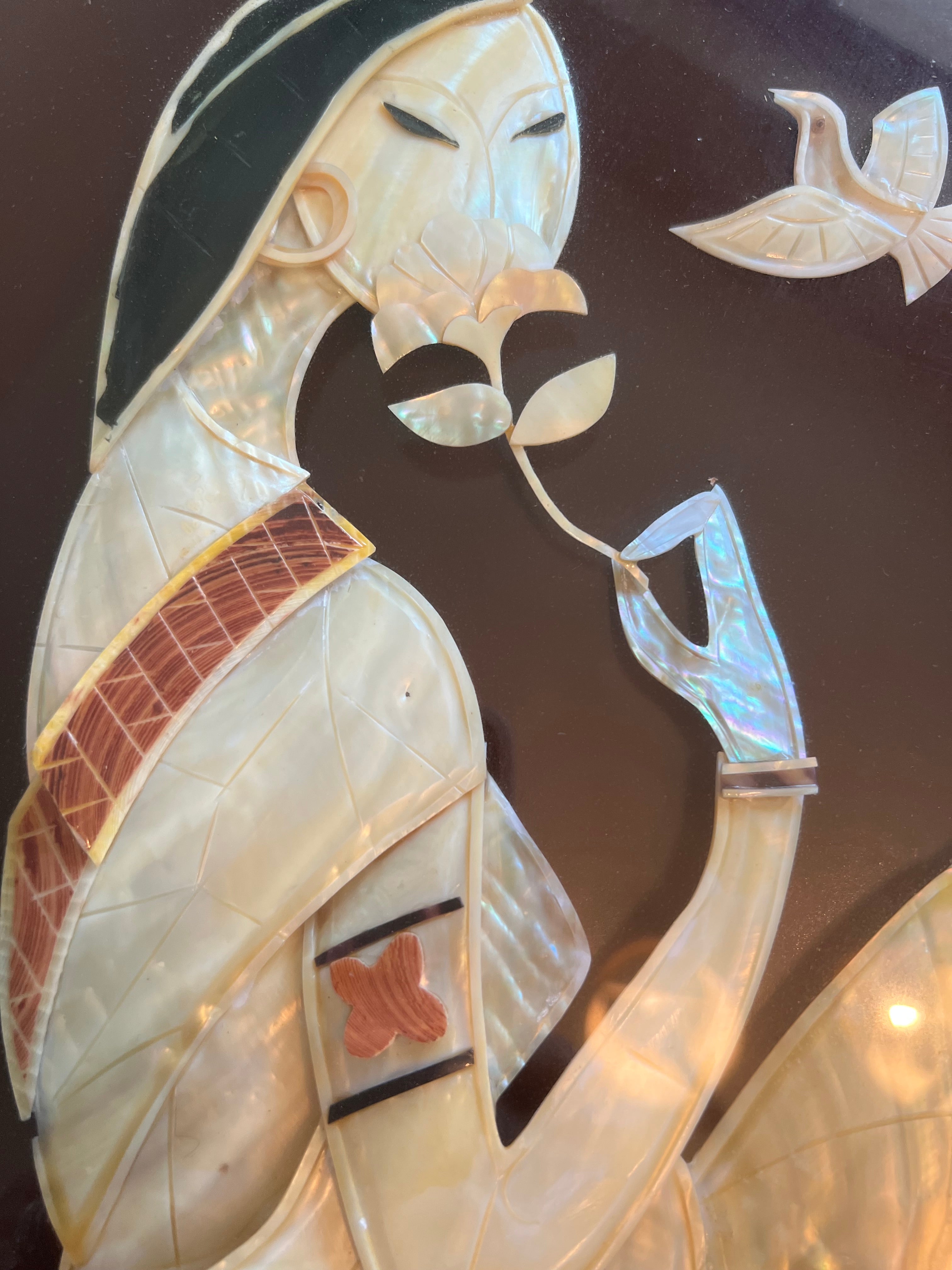VINTAGE MOTHER OF PEARL WOMAN WITH BIRD – FRAMED SHELL INLAY ART PANEL – 22X16 INCHES