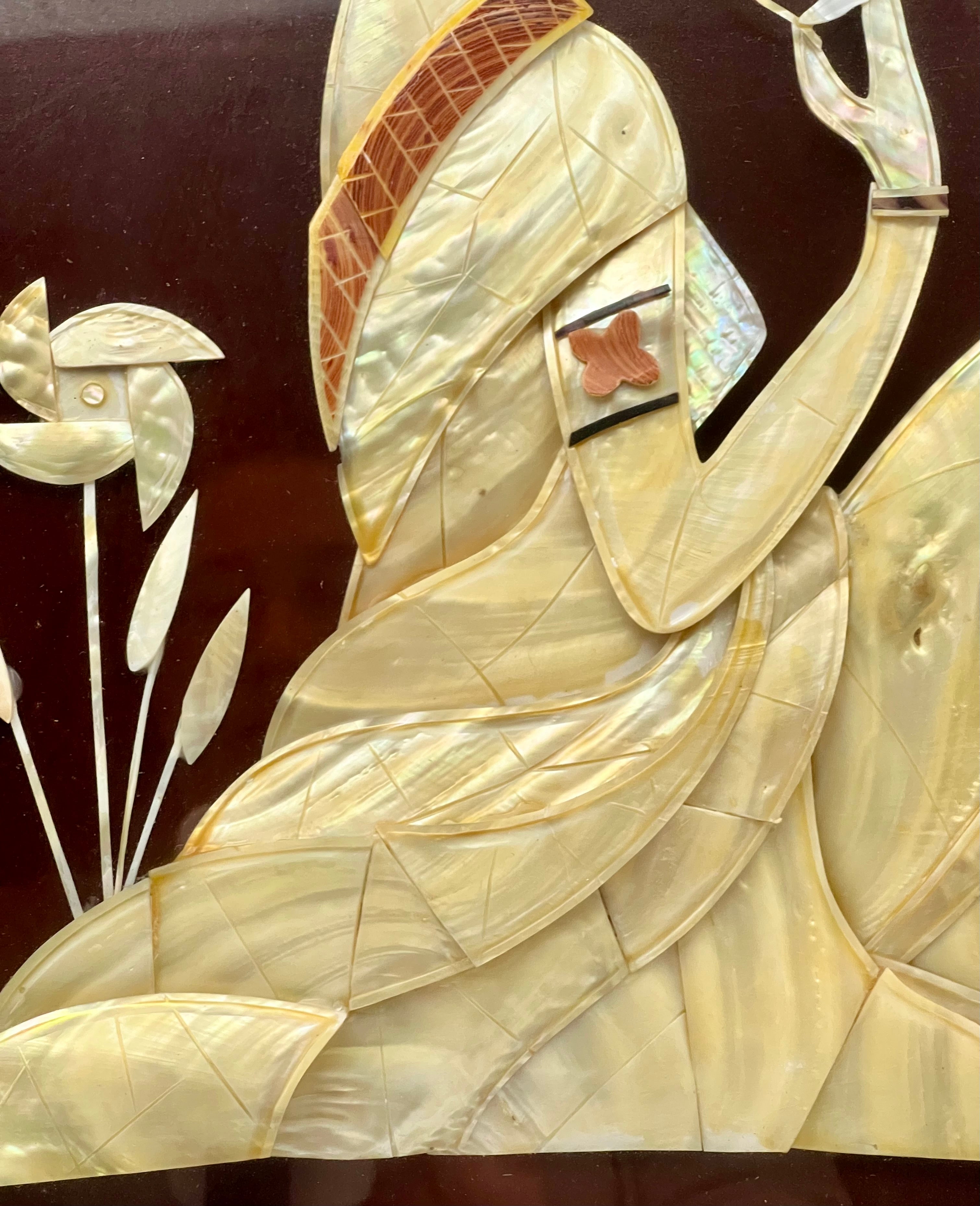 VINTAGE MOTHER OF PEARL WOMAN WITH BIRD – FRAMED SHELL INLAY ART PANEL – 22X16 INCHES