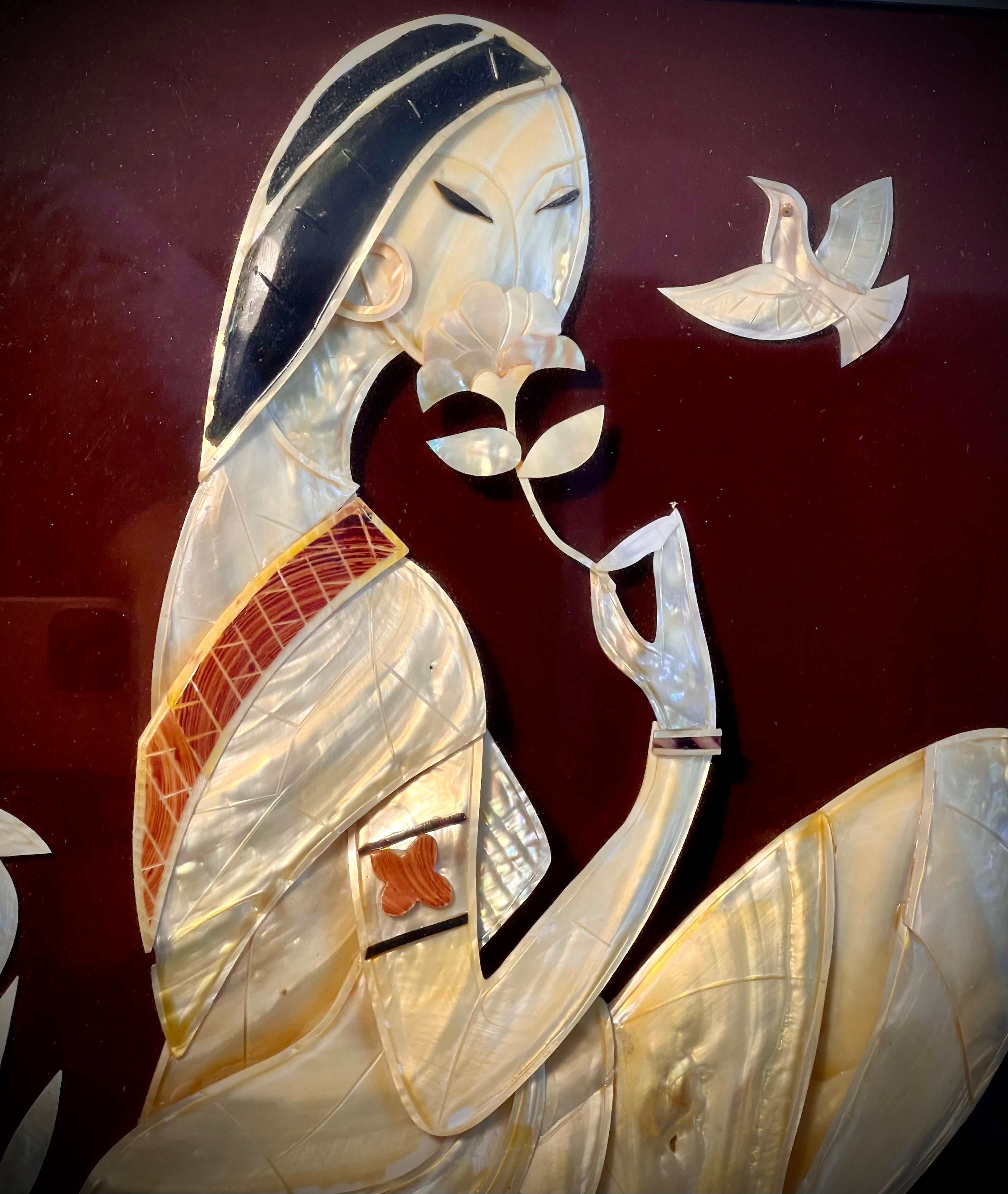 VINTAGE MOTHER OF PEARL WOMAN WITH BIRD – FRAMED SHELL INLAY ART PANEL – 22X16 INCHES