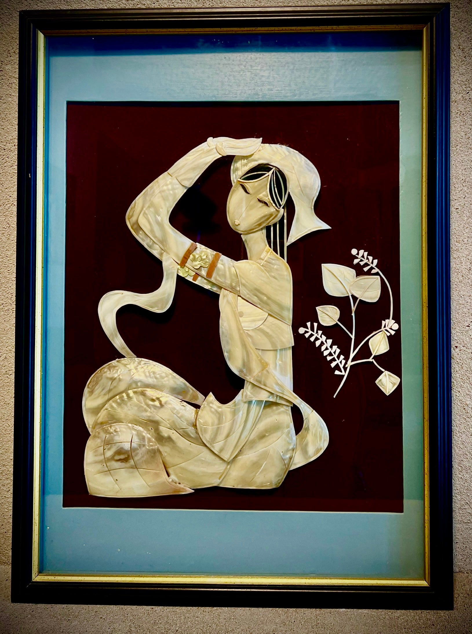 VINTAGE MOTHER OF PEARL WOMAN WITH RIBBON – FRAMED SHELL INLAY ART PANEL – 22X16 INCHES