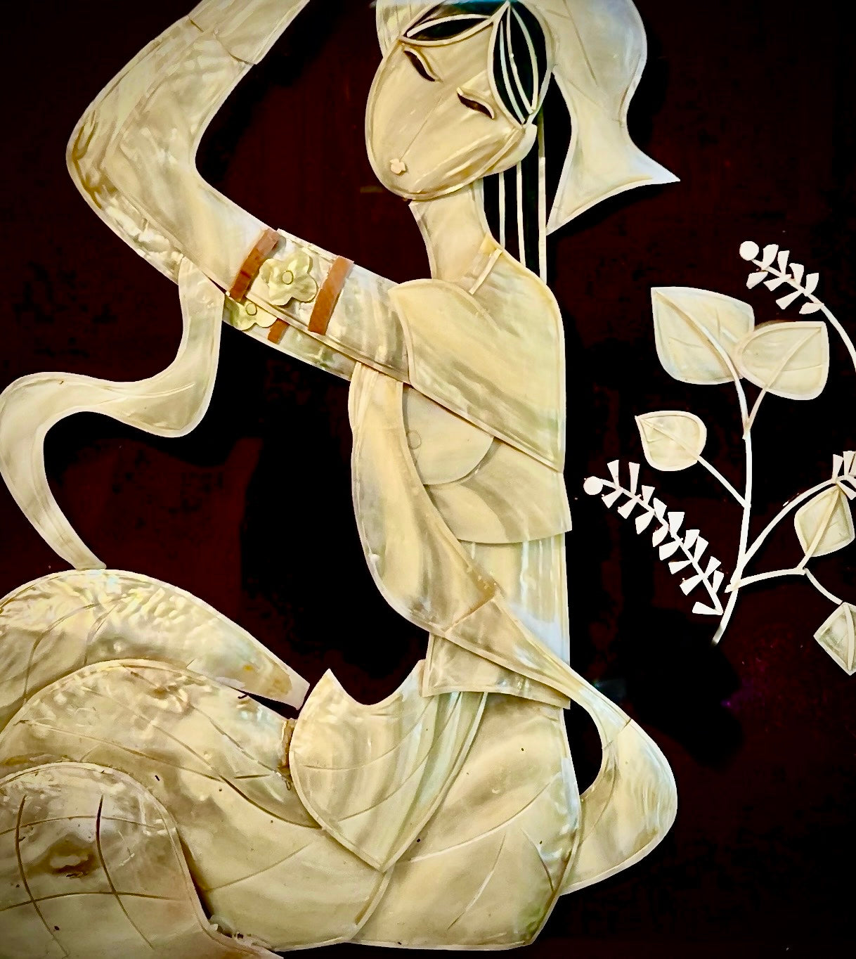 VINTAGE MOTHER OF PEARL WOMAN WITH RIBBON – FRAMED SHELL INLAY ART PANEL – 22X16 INCHES