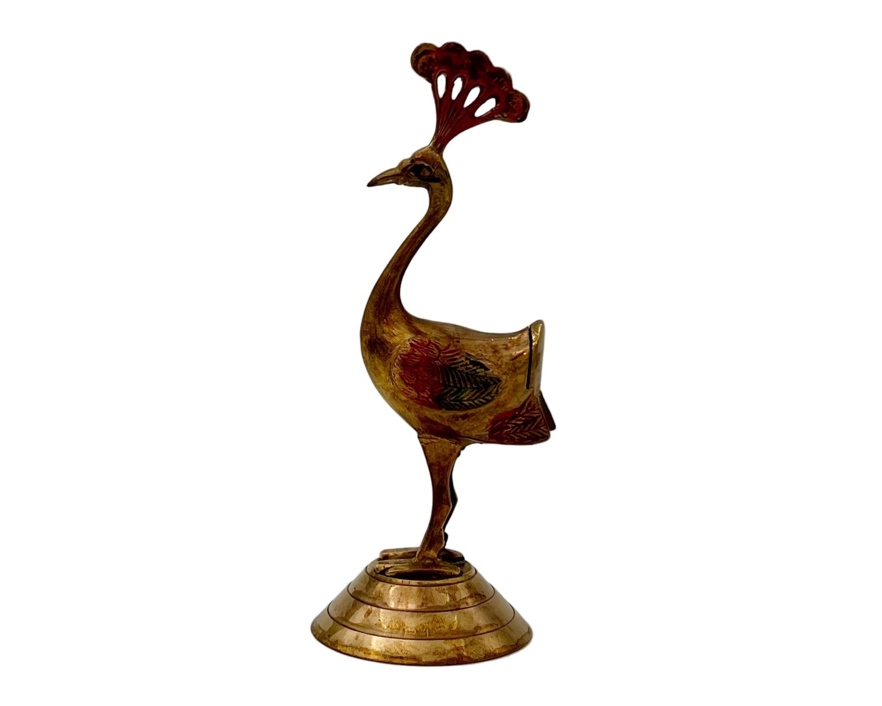 VINTAGE HAND-PAINTED BRASS PEACOCK SCULPTURE – MID CENTURY DECORATIVE FIGURAL BIRD