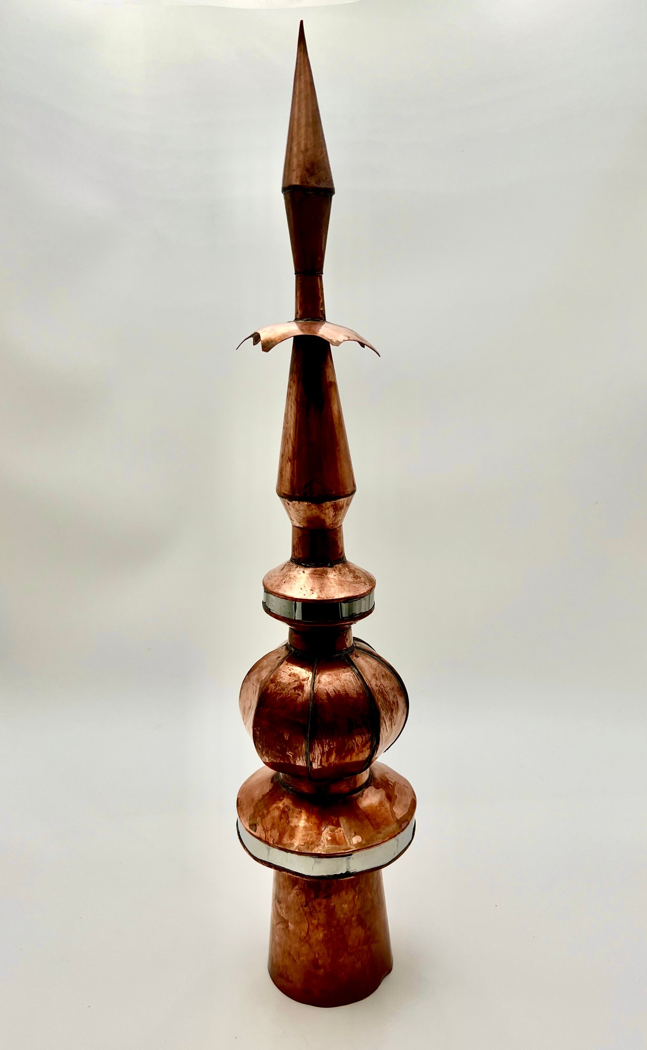 VINTAGE PURE COPPER LOTUS FINIAL SCULPTURE — 24-INCH ARCHITECTURAL SPIRE WITH HAMMERED COPPER BODY AND SILVER BANDS — MID-CENTURY MODERN DECOR