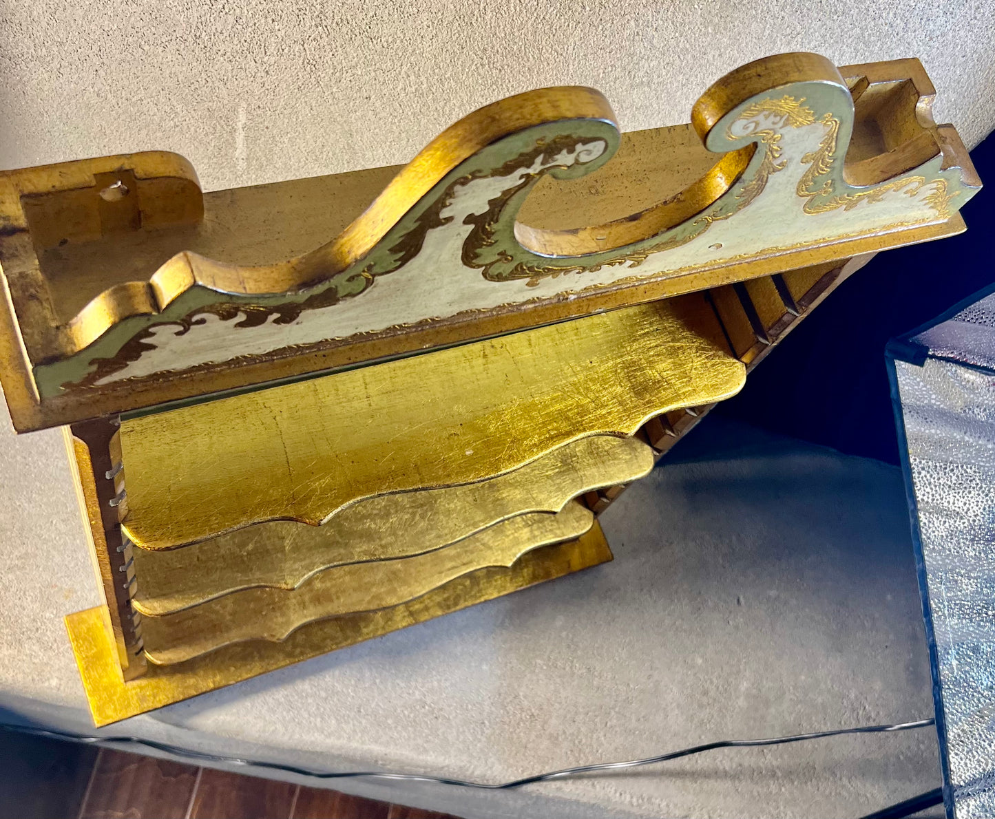 VINTAGE GOLD, GREEN, AND IVORY FLORENTINE WOOD HANGING SHELF
