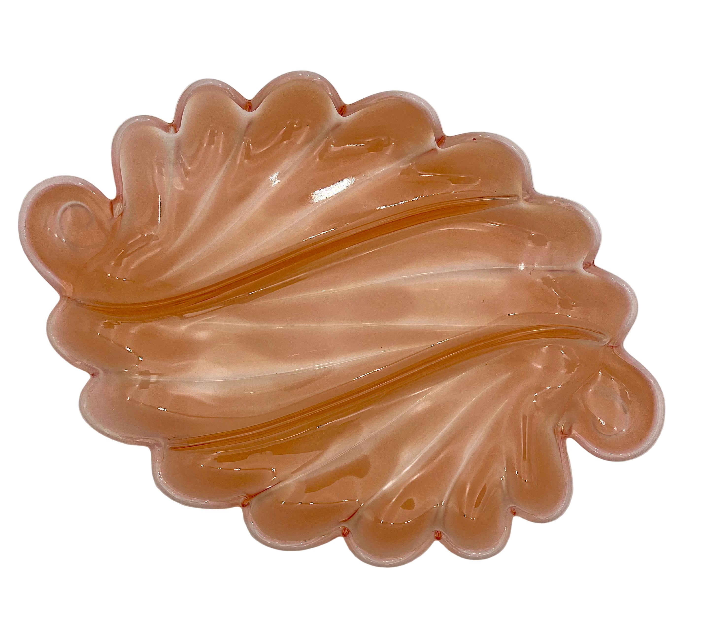 VINTAGE BLUSH PEACH OPALINE GLASS SHELL RELISH TRAY – LARGE SCULPTURAL MID CENTURY SERVING DISH – HOLLYWOOD REGENCY COASTAL DECOR