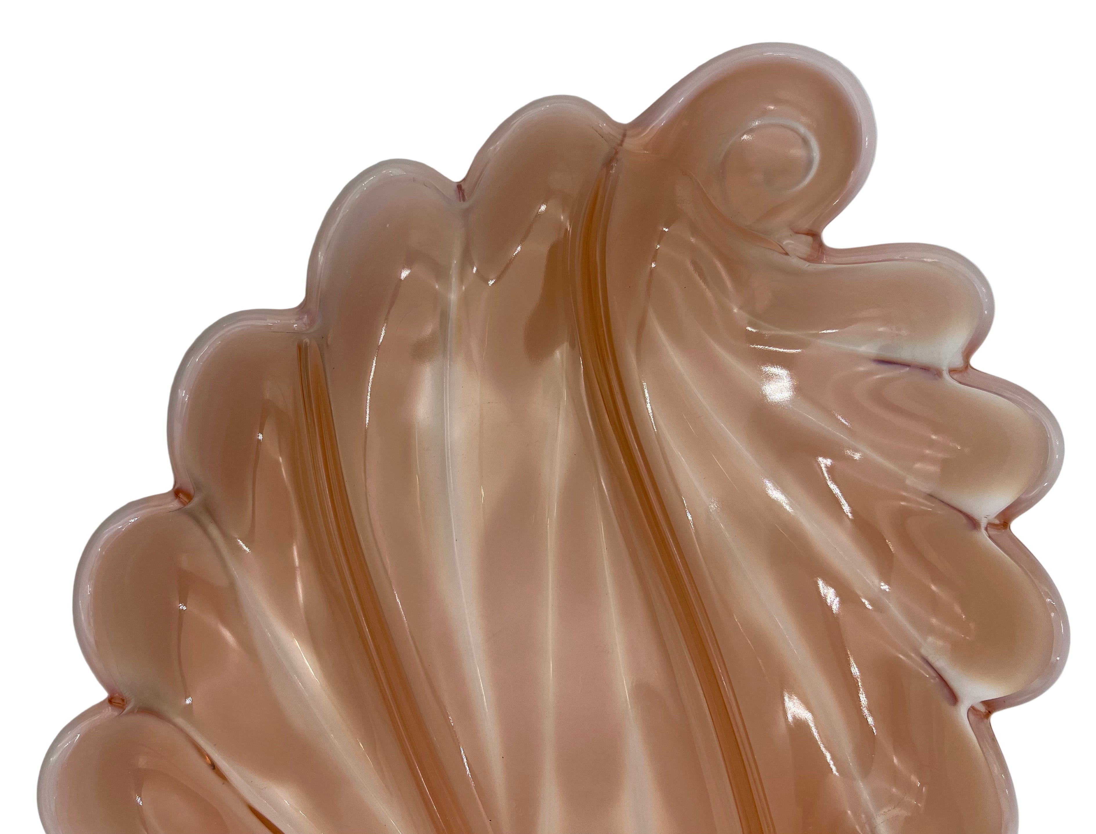 VINTAGE BLUSH PEACH OPALINE GLASS SHELL RELISH TRAY – LARGE SCULPTURAL MID CENTURY SERVING DISH – HOLLYWOOD REGENCY COASTAL DECOR