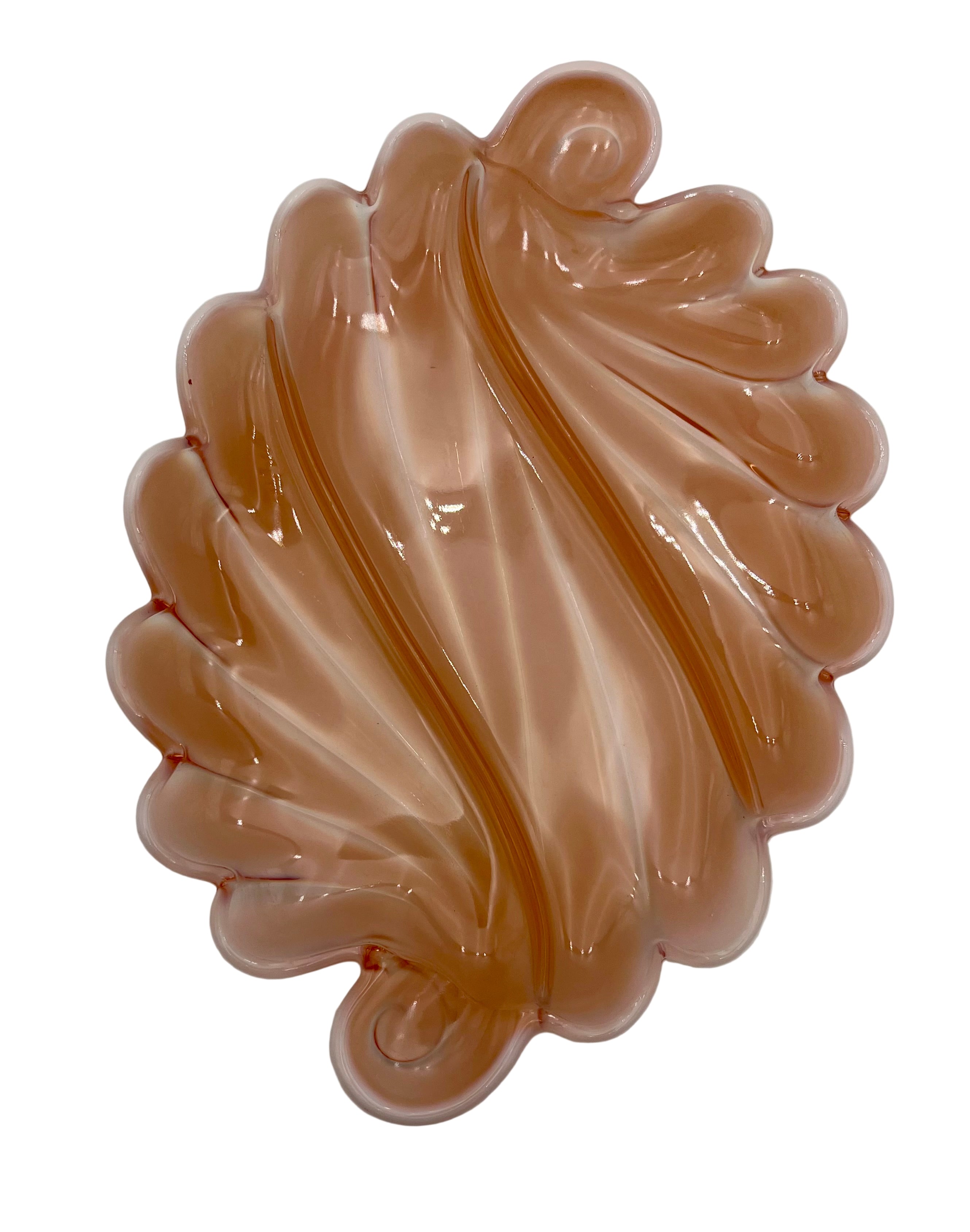 VINTAGE BLUSH PEACH OPALINE GLASS SHELL RELISH TRAY – LARGE SCULPTURAL MID CENTURY SERVING DISH – HOLLYWOOD REGENCY COASTAL DECOR