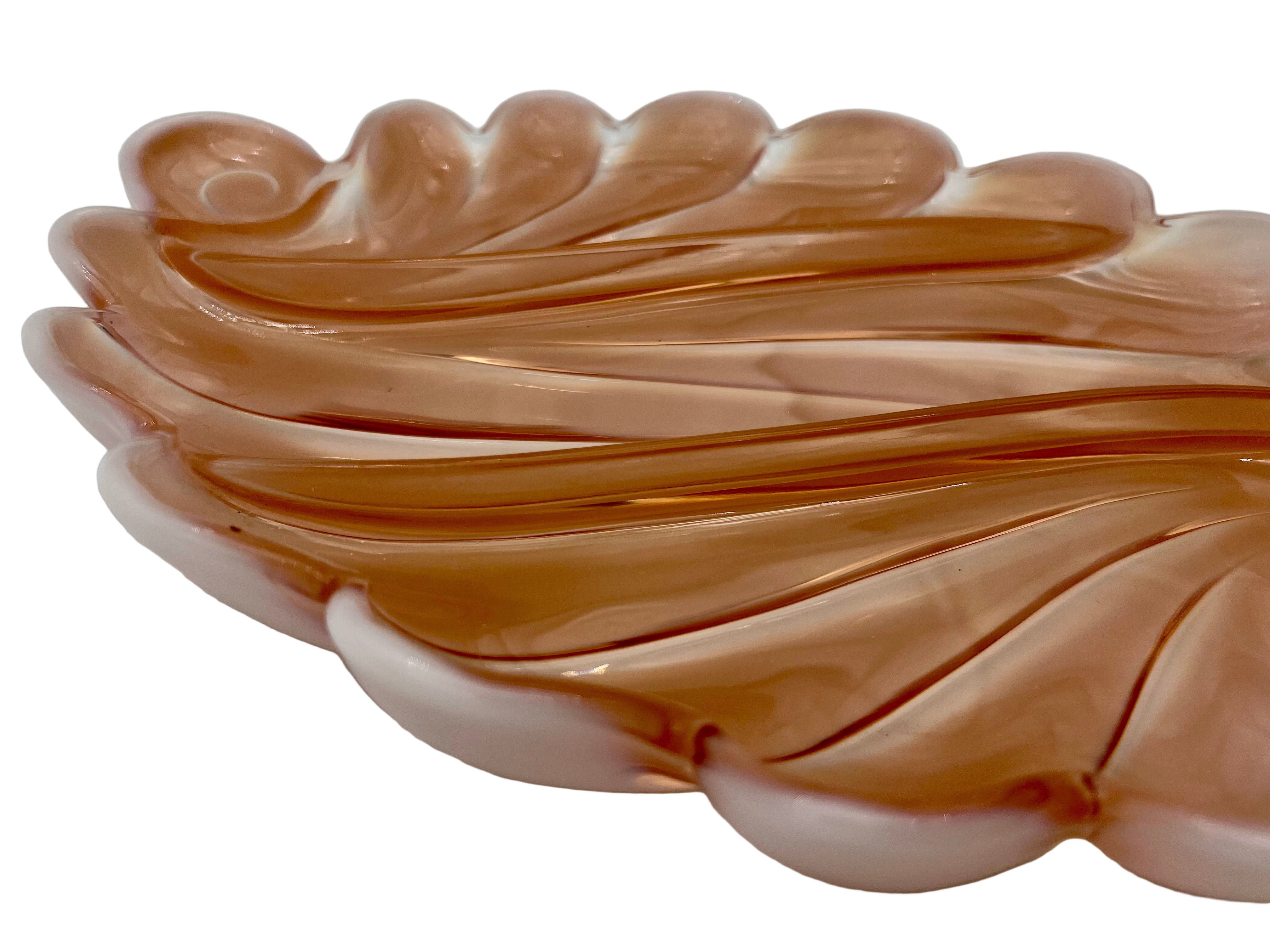 VINTAGE BLUSH PEACH OPALINE GLASS SHELL RELISH TRAY – LARGE SCULPTURAL MID CENTURY SERVING DISH – HOLLYWOOD REGENCY COASTAL DECOR