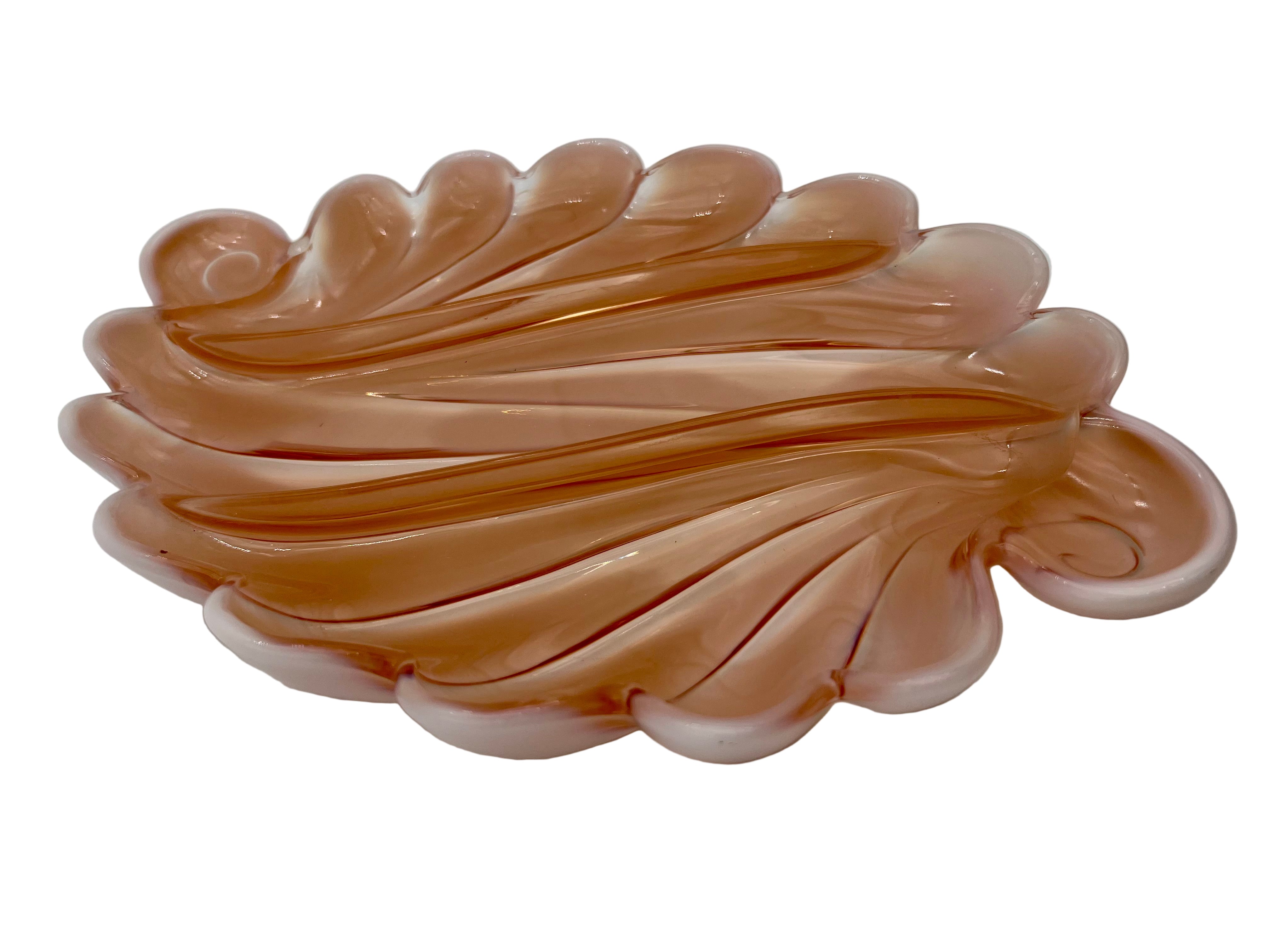 VINTAGE BLUSH PEACH OPALINE GLASS SHELL RELISH TRAY – LARGE SCULPTURAL MID CENTURY SERVING DISH – HOLLYWOOD REGENCY COASTAL DECOR