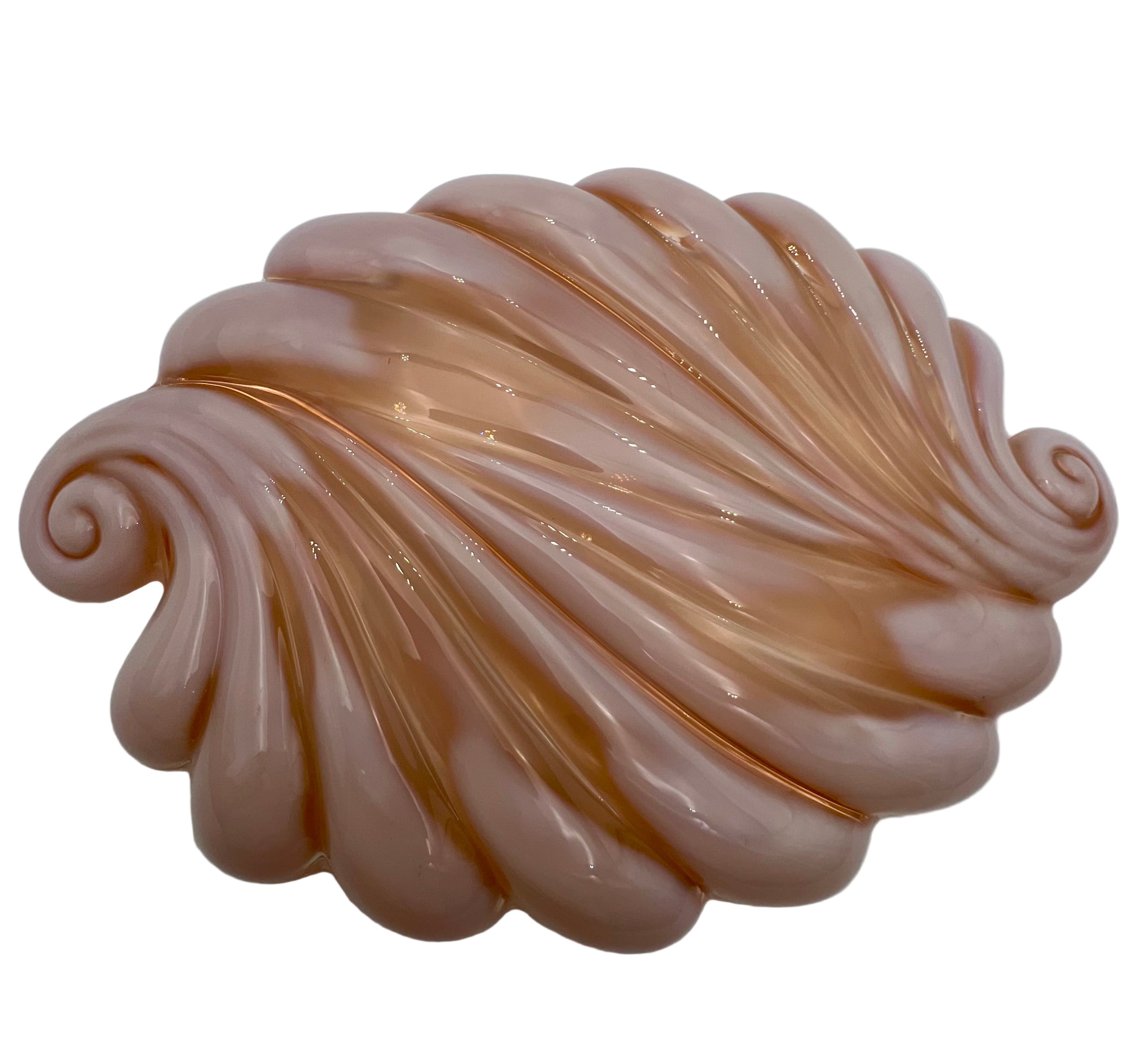 VINTAGE BLUSH PEACH OPALINE GLASS SHELL RELISH TRAY – LARGE SCULPTURAL MID CENTURY SERVING DISH – HOLLYWOOD REGENCY COASTAL DECOR