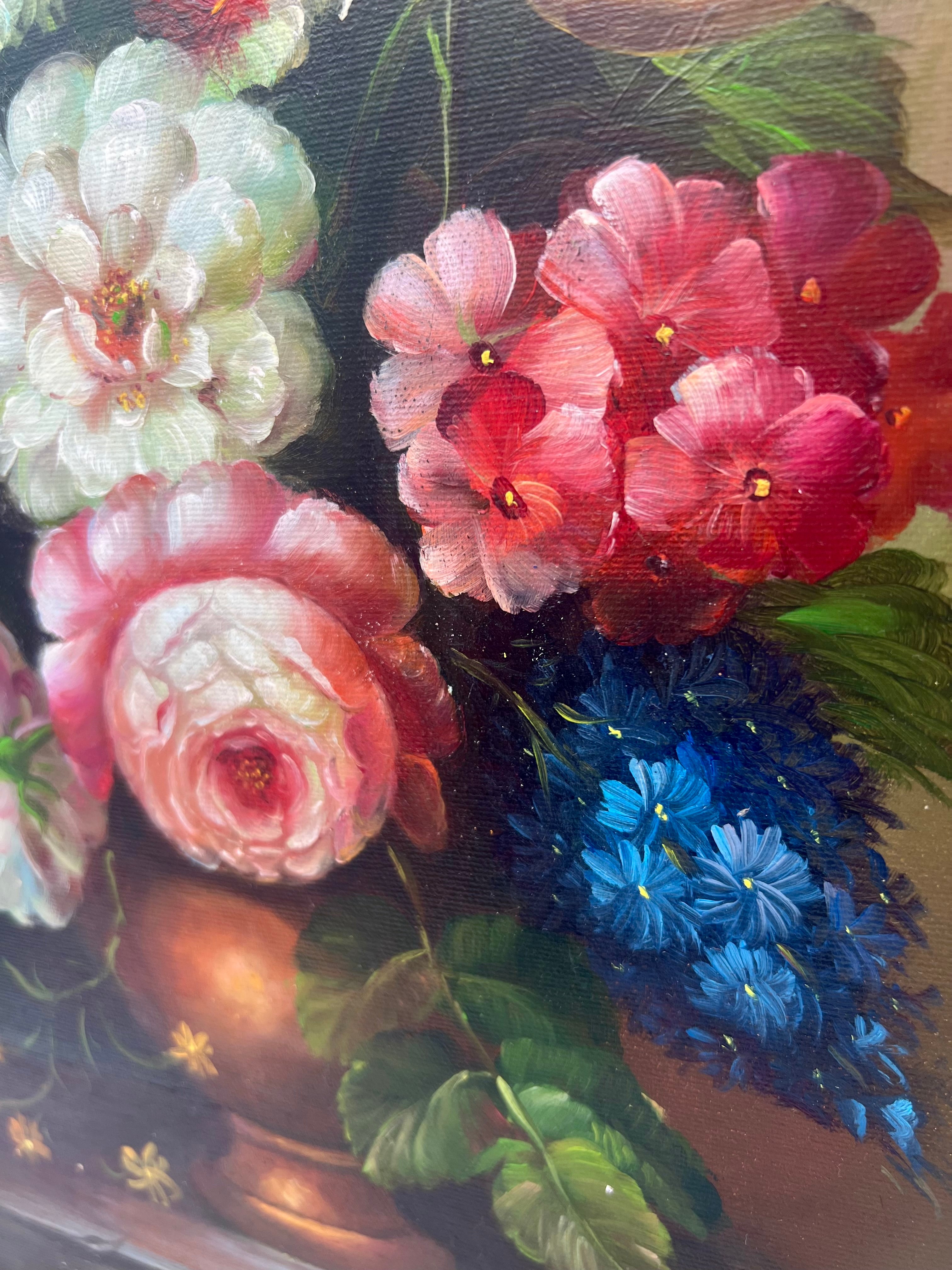 ANTIQUE STYLE FLORAL STILL LIFE OIL PAINTING WITH ORNATE FRAME