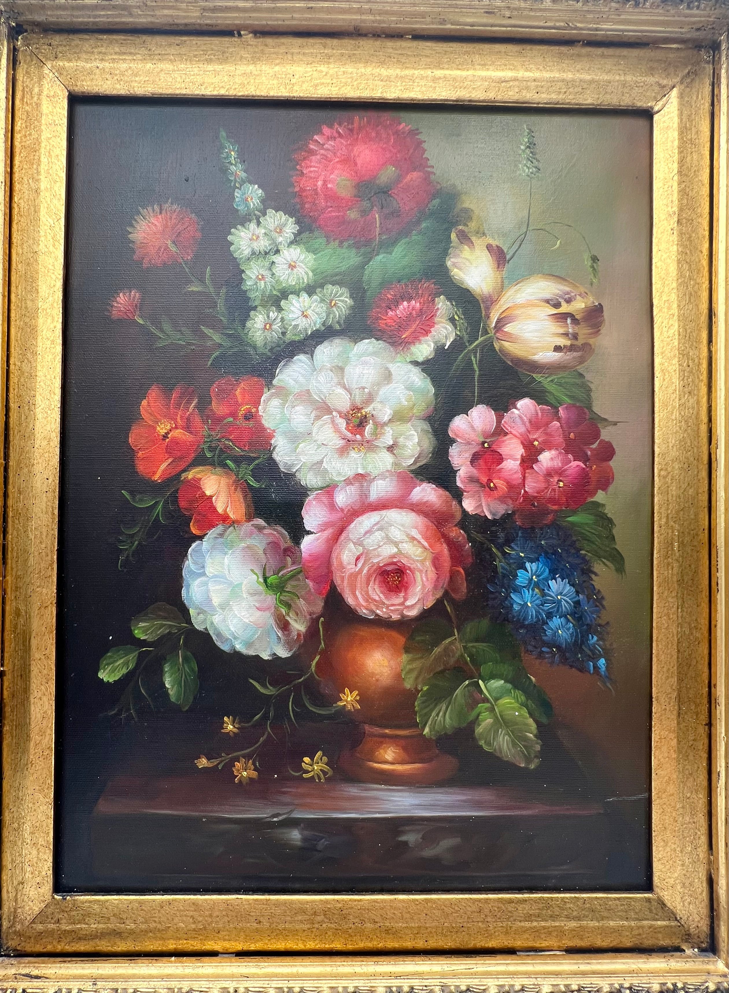 ANTIQUE STYLE FLORAL STILL LIFE OIL PAINTING WITH ORNATE FRAME