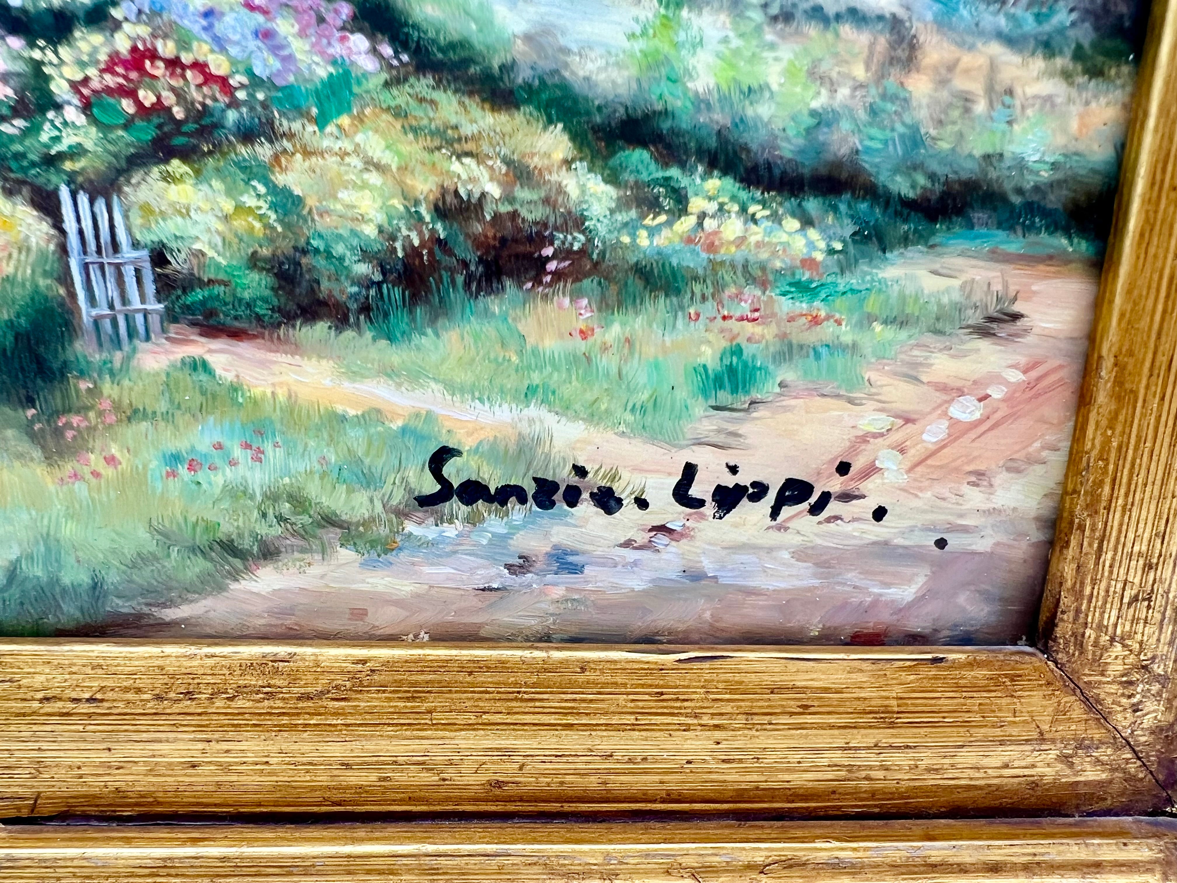 VINTAGE OIL PAINTING COTTAGE GARDEN LANDSCAPE BY SANZI LIPPI IN ORNATE GILT FRAME