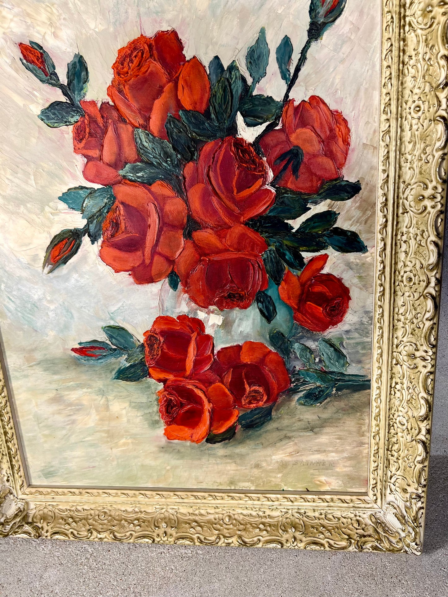 VINTAGE RED ROSES MILDRED SKINNER FRAMED ORIGINAL PAINTING