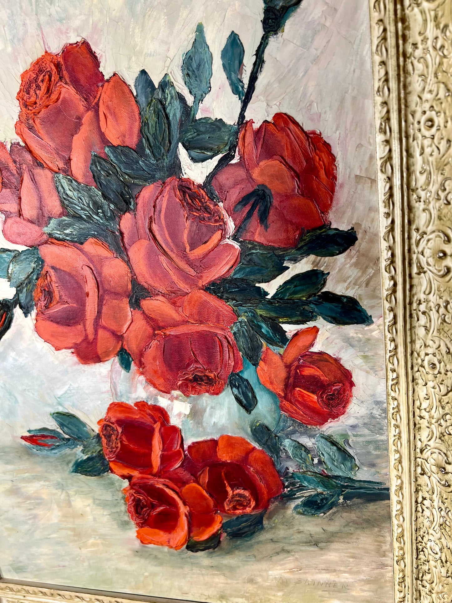 VINTAGE RED ROSES MILDRED SKINNER FRAMED ORIGINAL PAINTING
