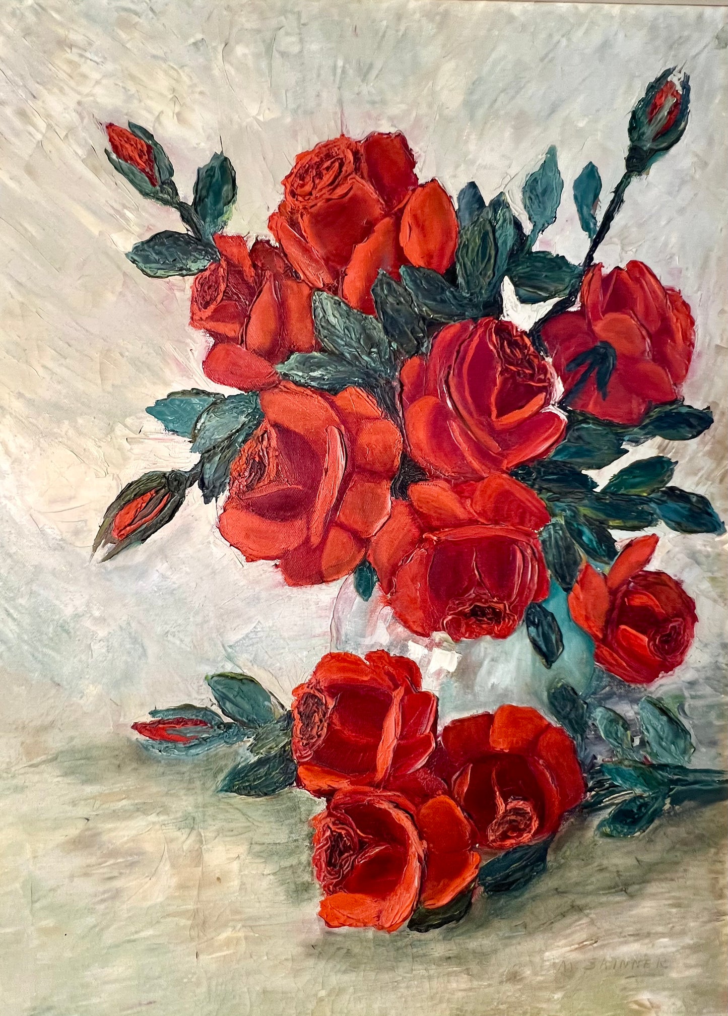 VINTAGE RED ROSES MILDRED SKINNER FRAMED ORIGINAL PAINTING