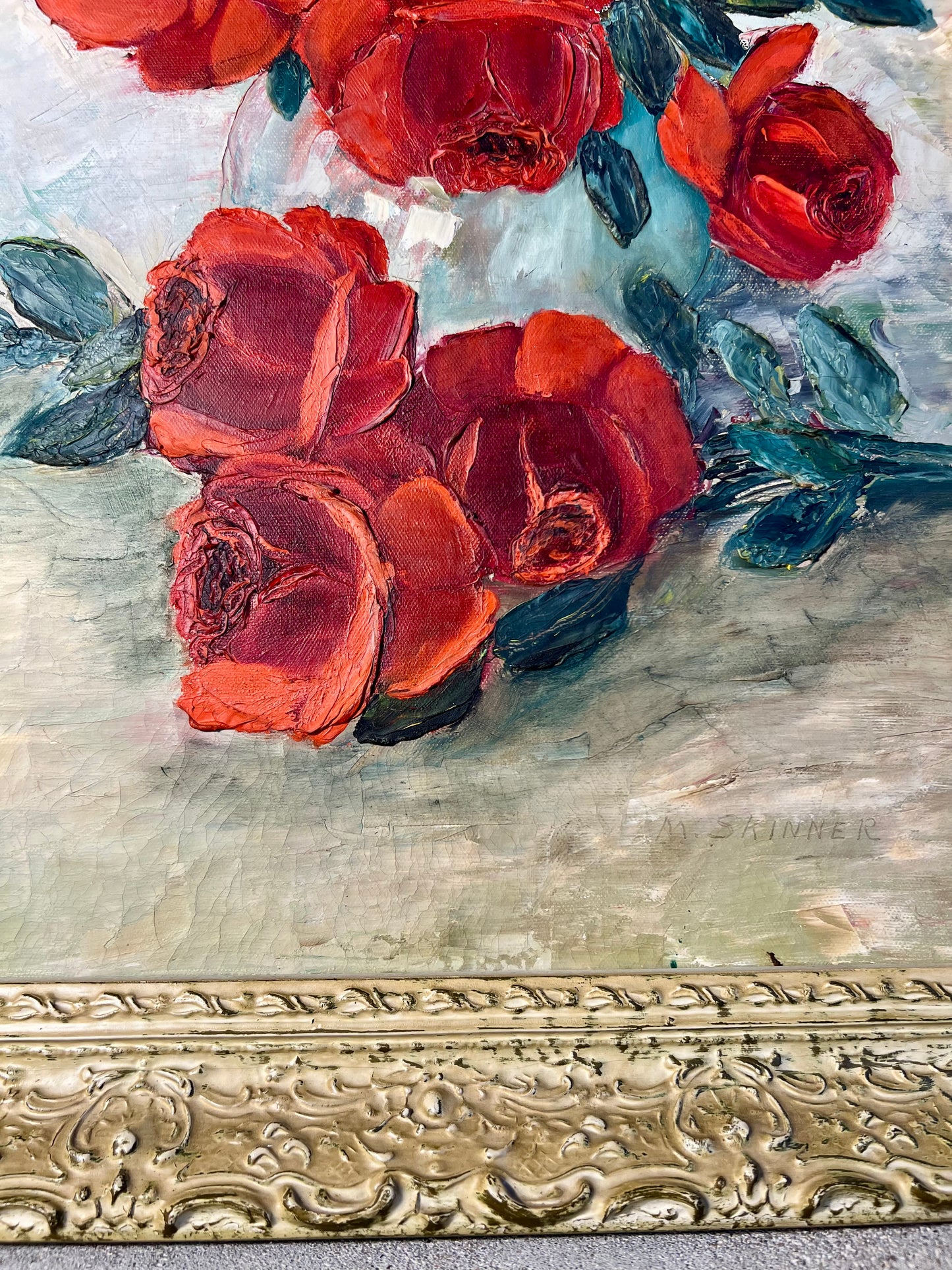 VINTAGE RED ROSES MILDRED SKINNER FRAMED ORIGINAL PAINTING