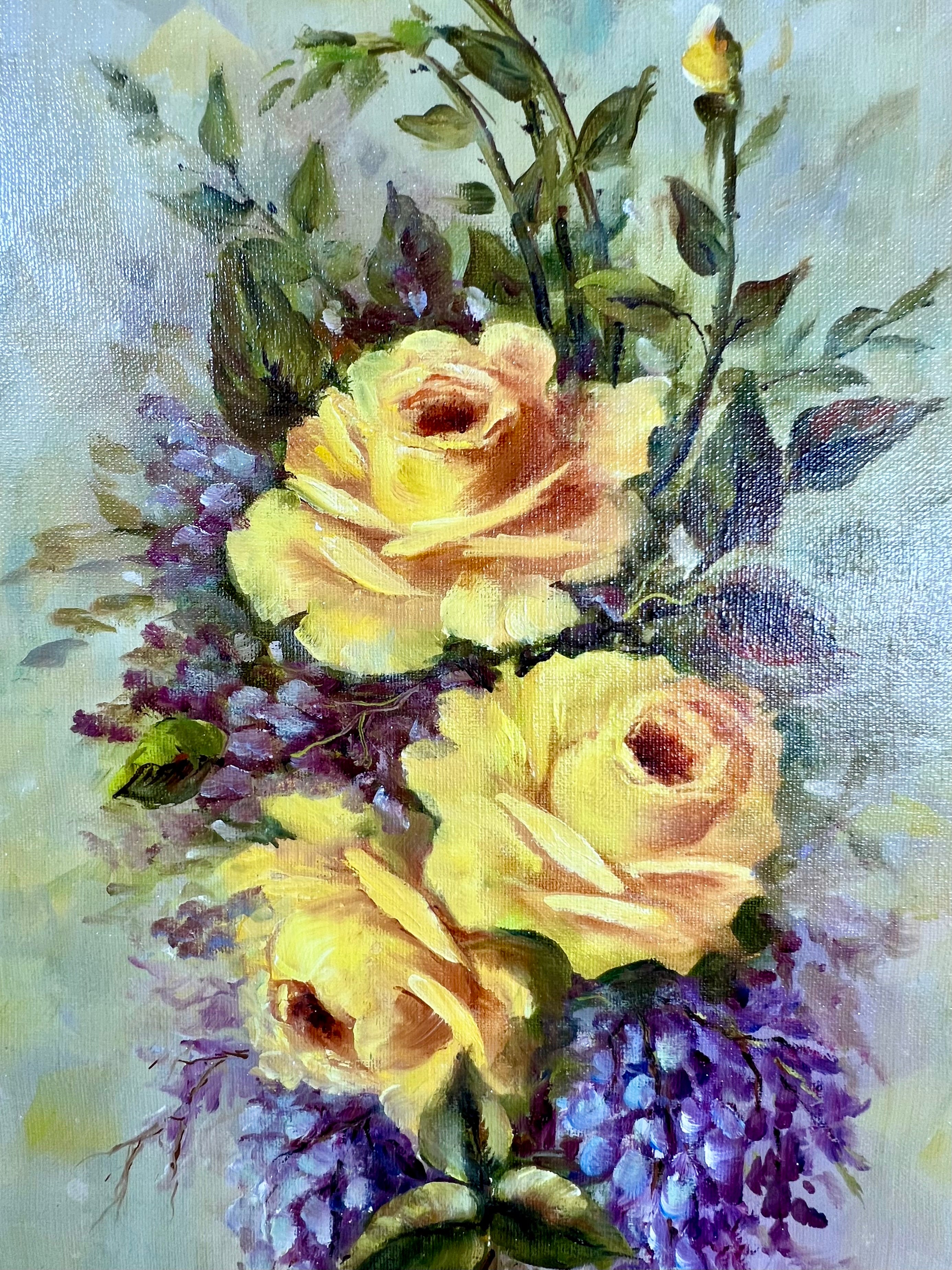 YELLOW ROSES BY IRENE NEWMAN – ORIGINAL OIL PAINTING – VINTAGE TEXAS FLORAL ART