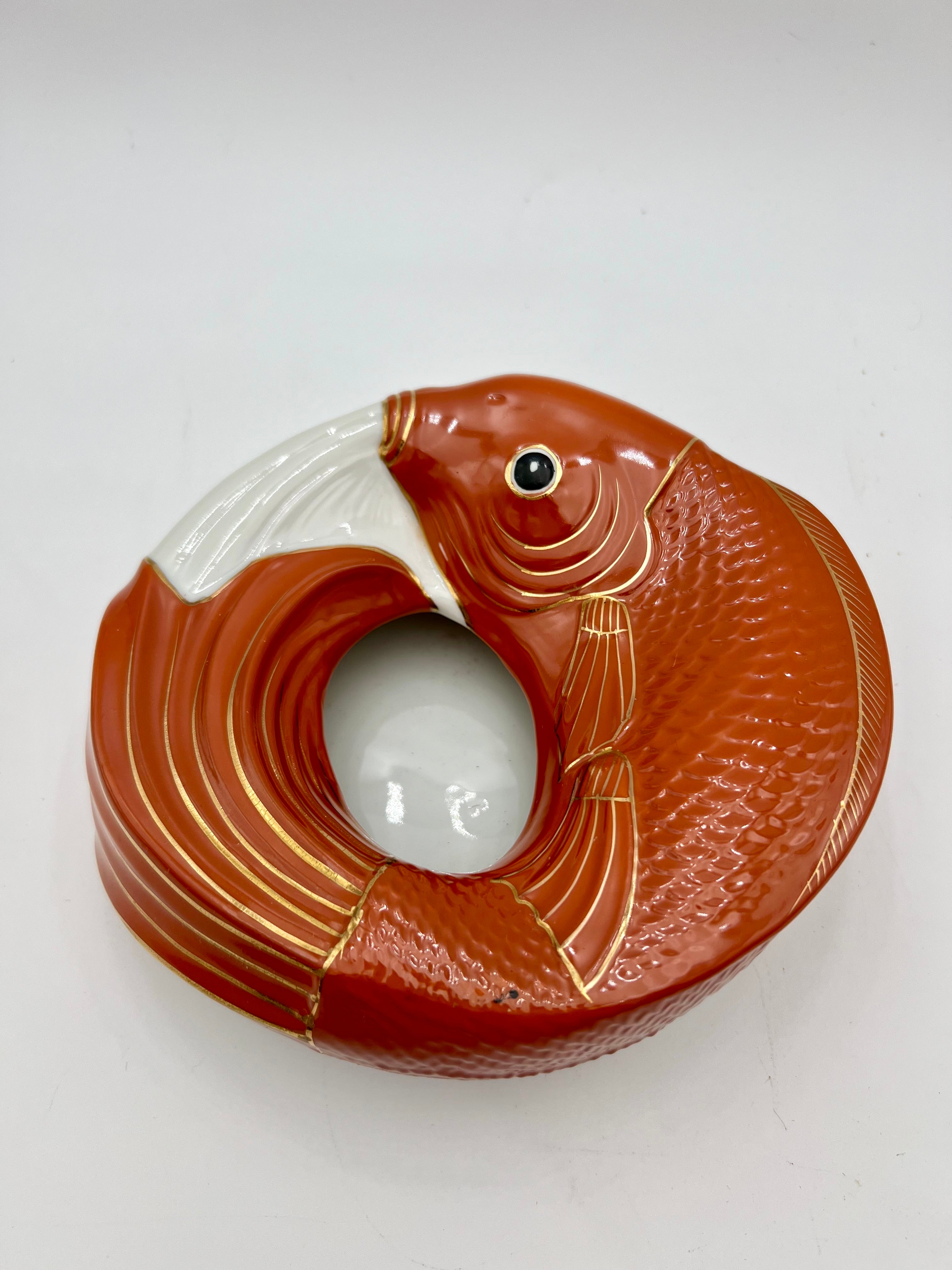 VINTAGE NEIMAN MARCUS JAPAN KOI FISH CERAMIC CENTERPIECE BOWL – ORANGE AND GOLD MID CENTURY MODERN