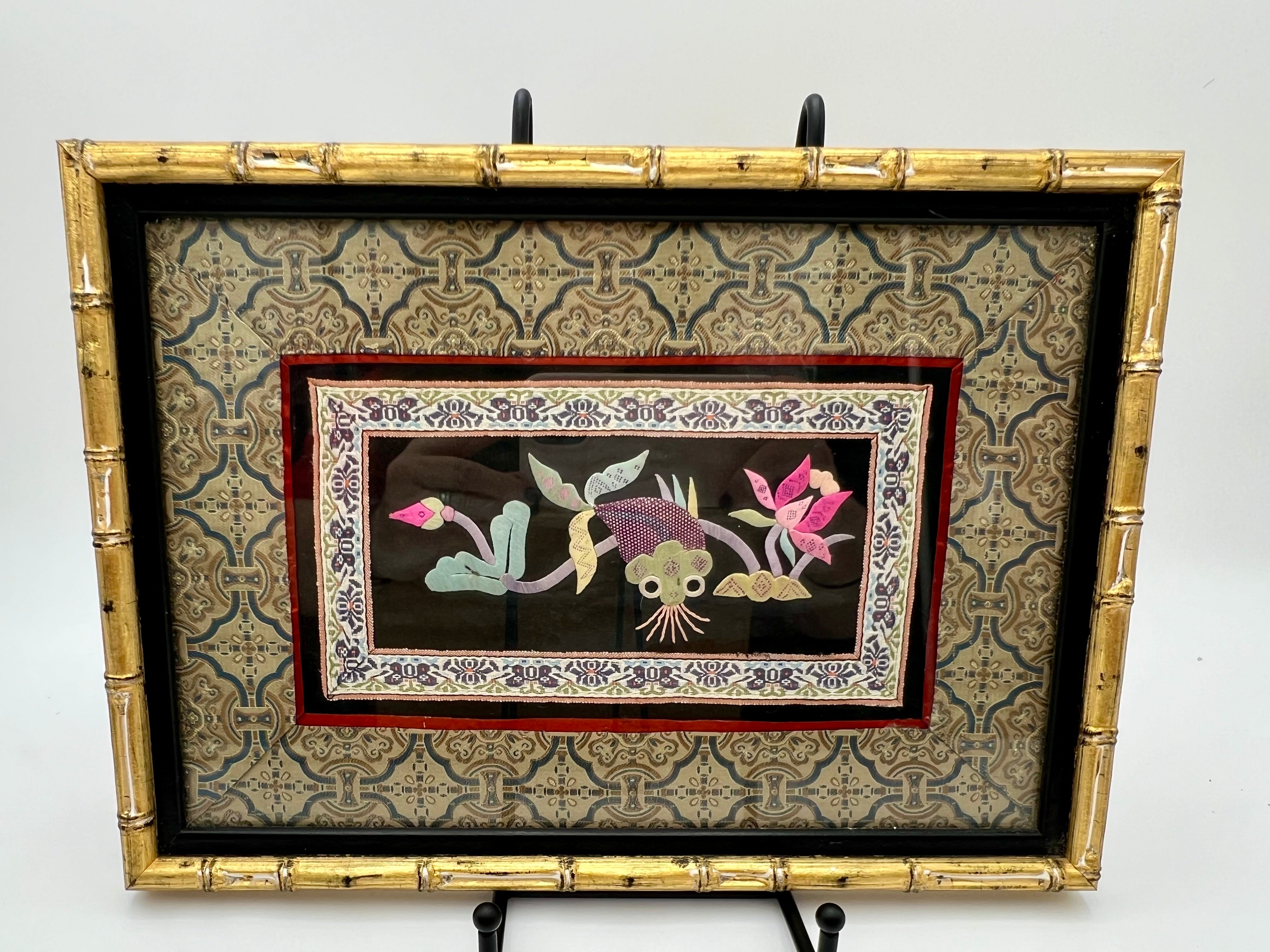 VINTAGE CHINESE SILK EMBROIDERY KOI FISH PANELS – FRAMED IN GOLD BAMBOO FRAMES