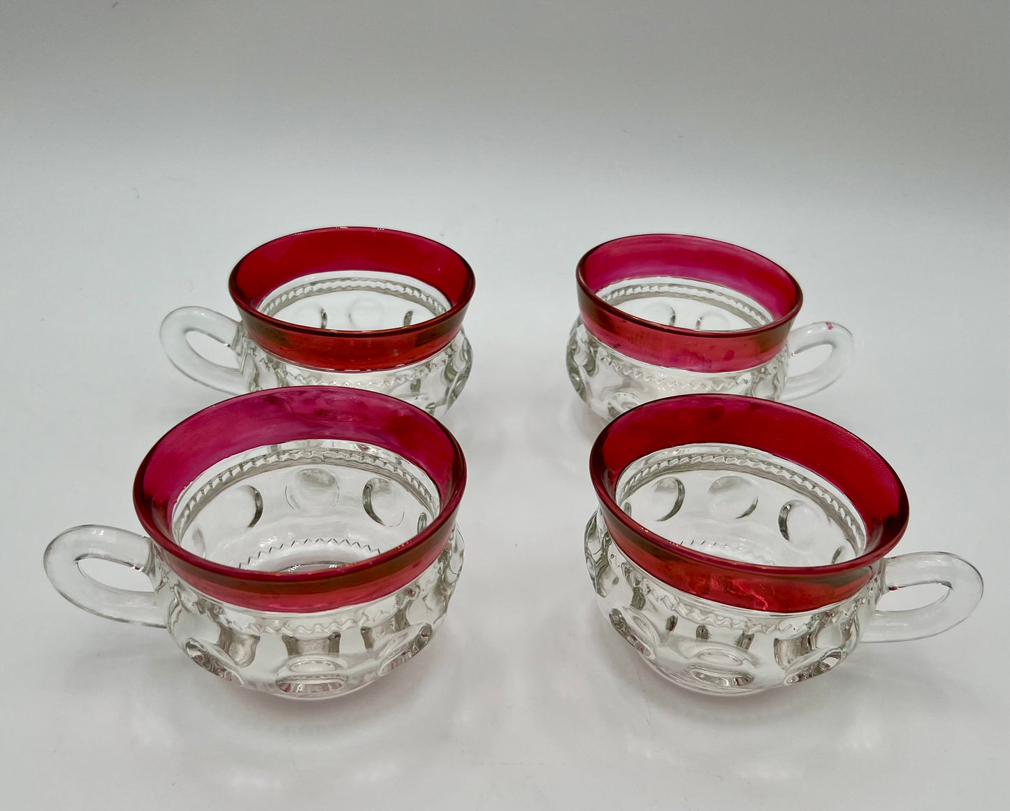 RARE MID-CENTURY PUNCH BOWL CUP SET OF 4 VINTAGE KINGS CROWN RUBY RED THUMBPRINT