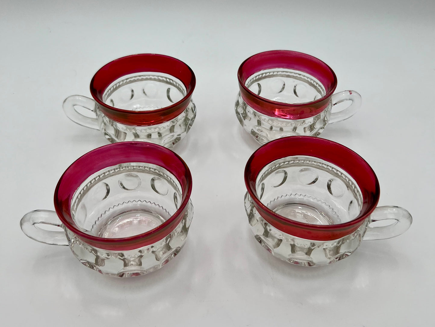 RARE MID-CENTURY PUNCH BOWL CUP SET OF 4 VINTAGE KINGS CROWN RUBY RED THUMBPRINT