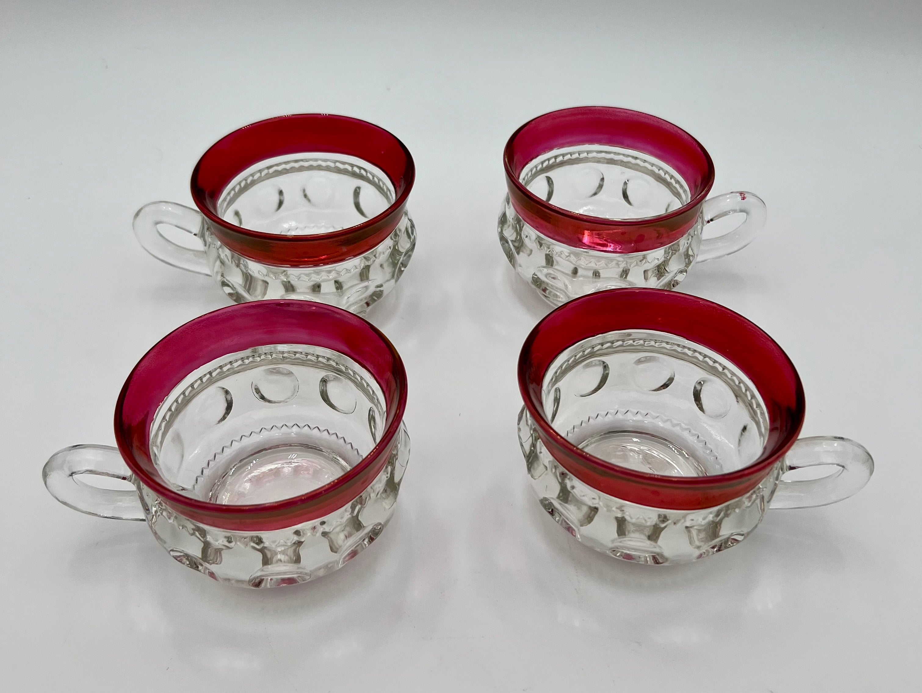 RARE MID-CENTURY PUNCH BOWL CUP SET OF 4 VINTAGE KINGS CROWN RUBY RED THUMBPRINT