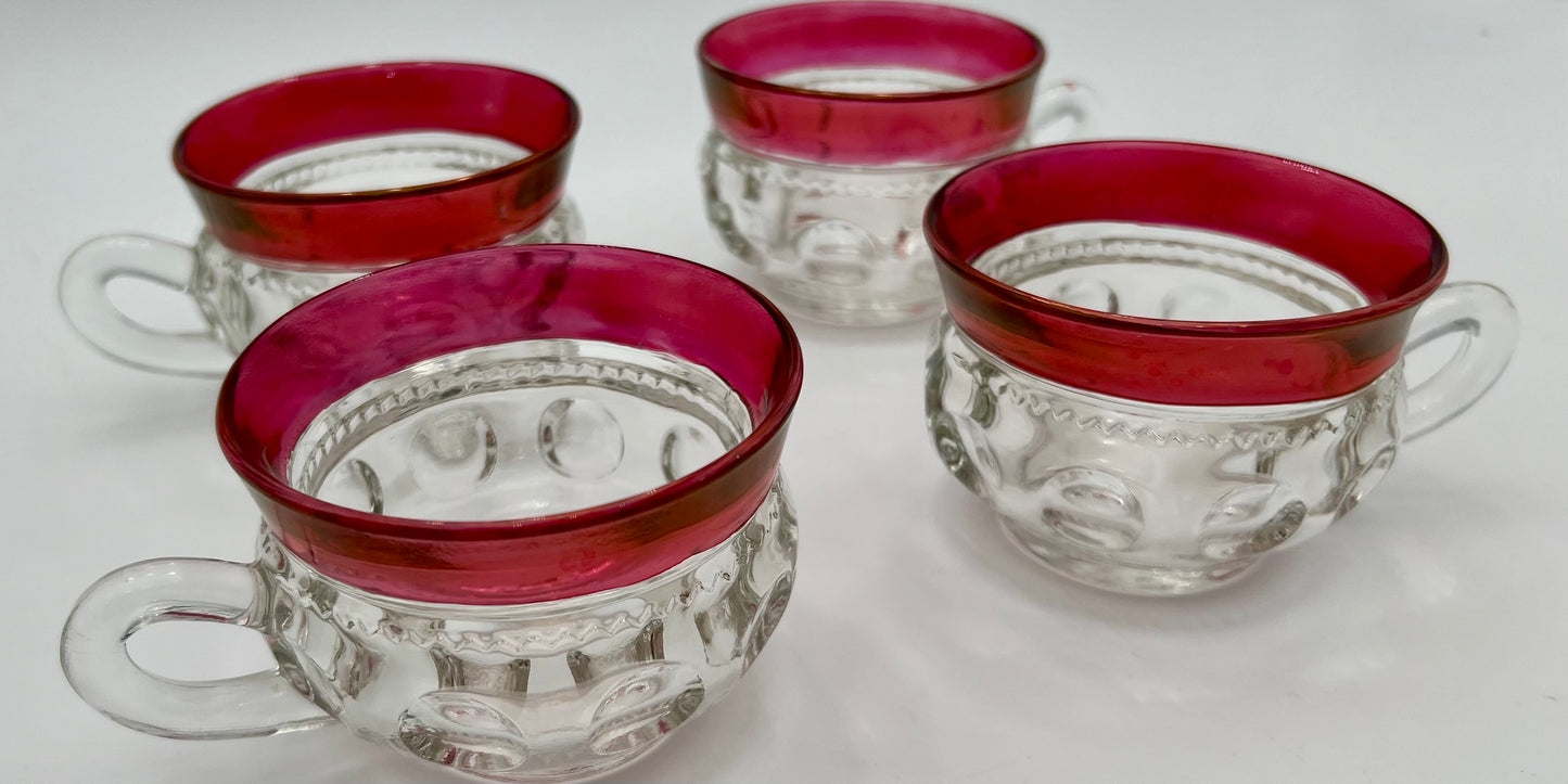 RARE MID-CENTURY PUNCH BOWL CUP SET OF 4 VINTAGE KINGS CROWN RUBY RED THUMBPRINT